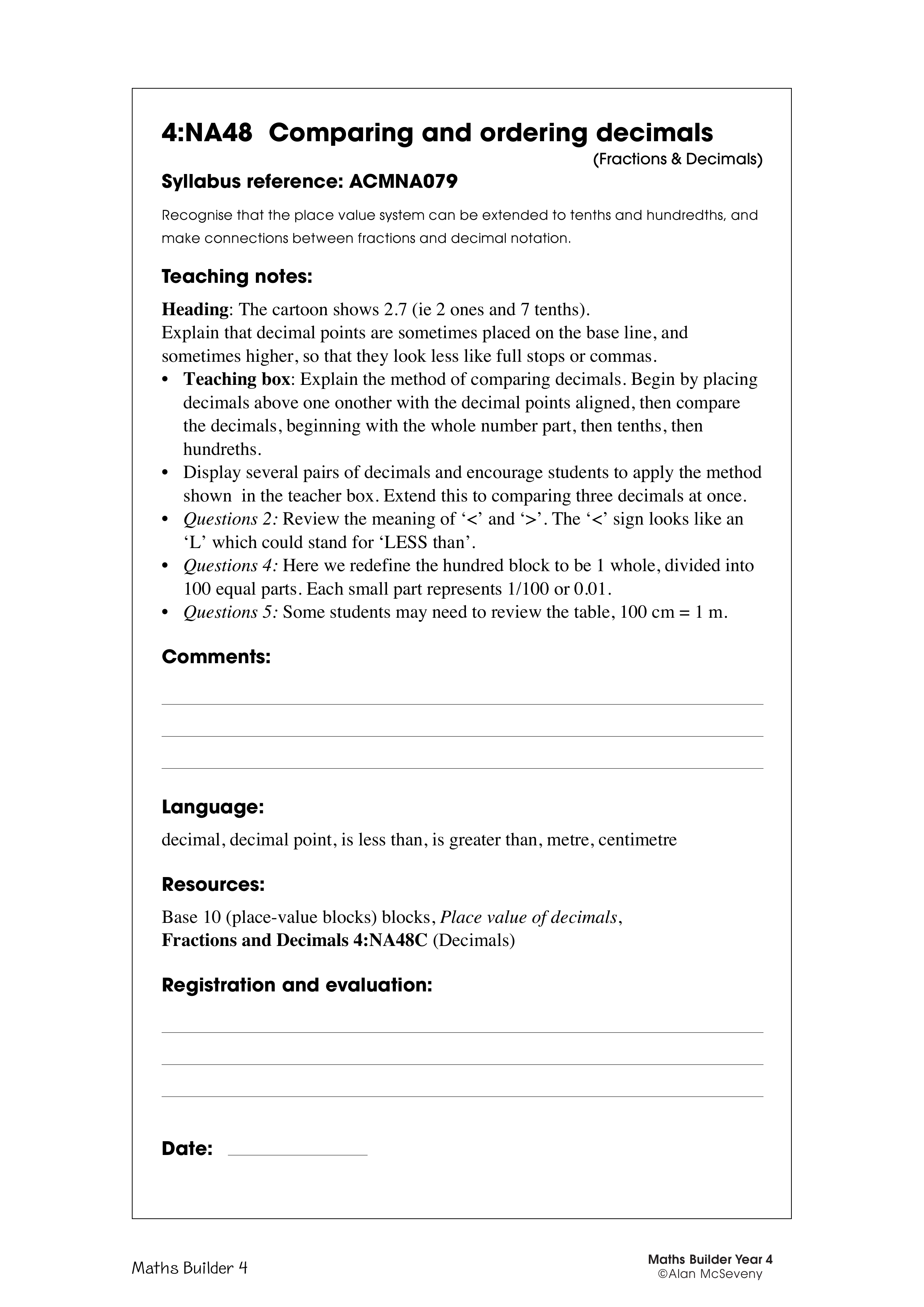 Comparing and ordering decimals — worksheet preview