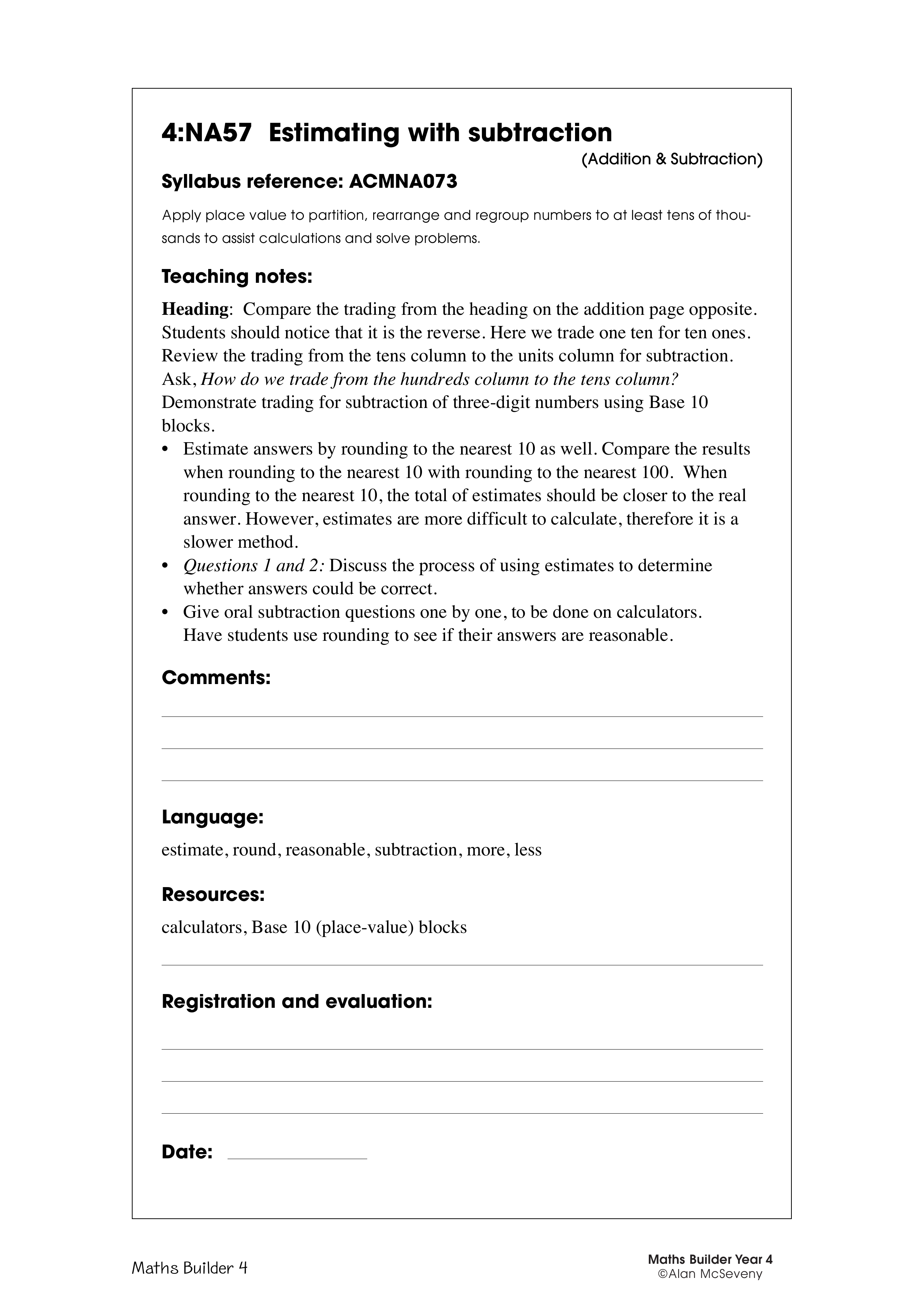 Estimating with subtraction — worksheet preview