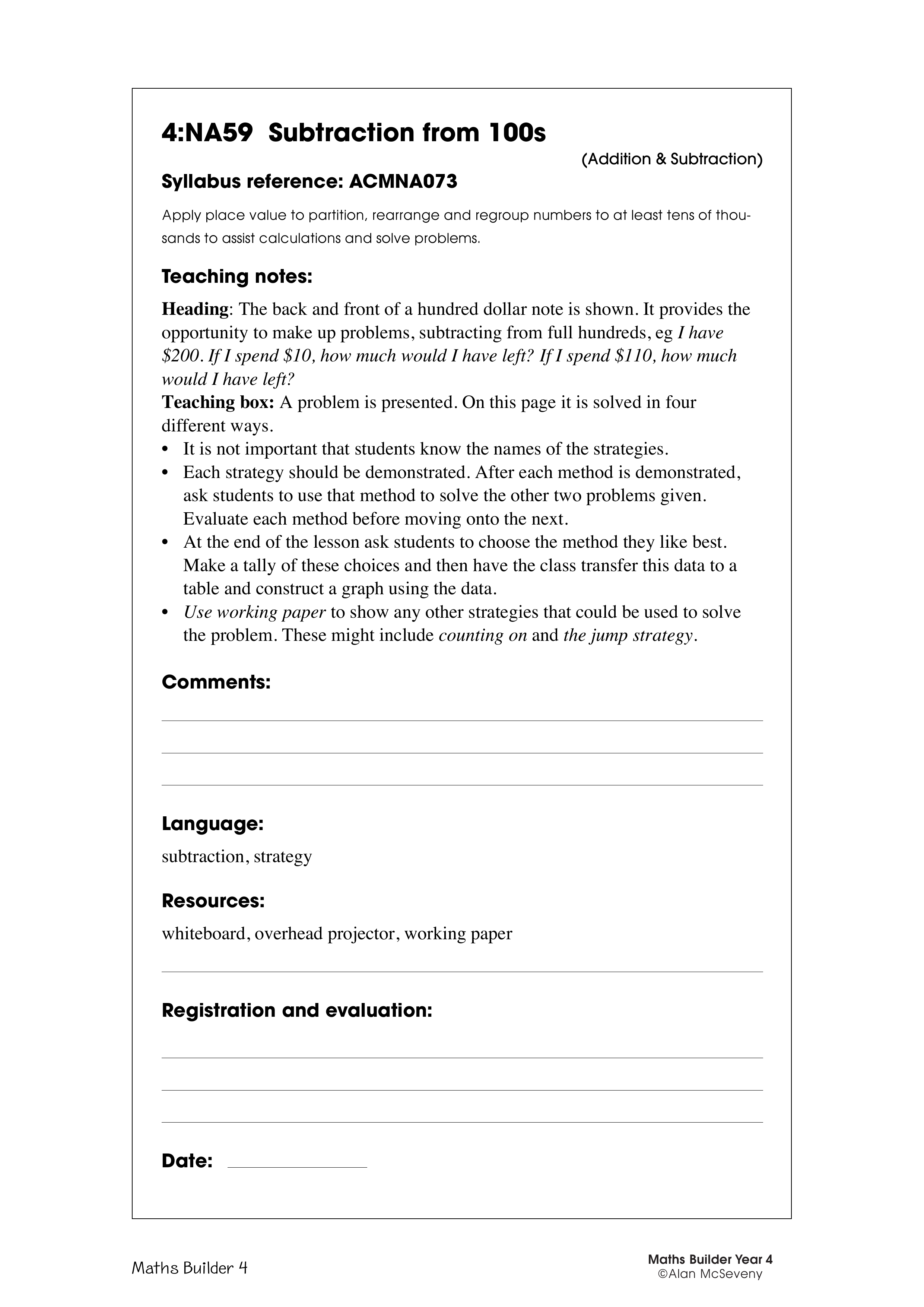Subtraction from 100s — worksheet preview