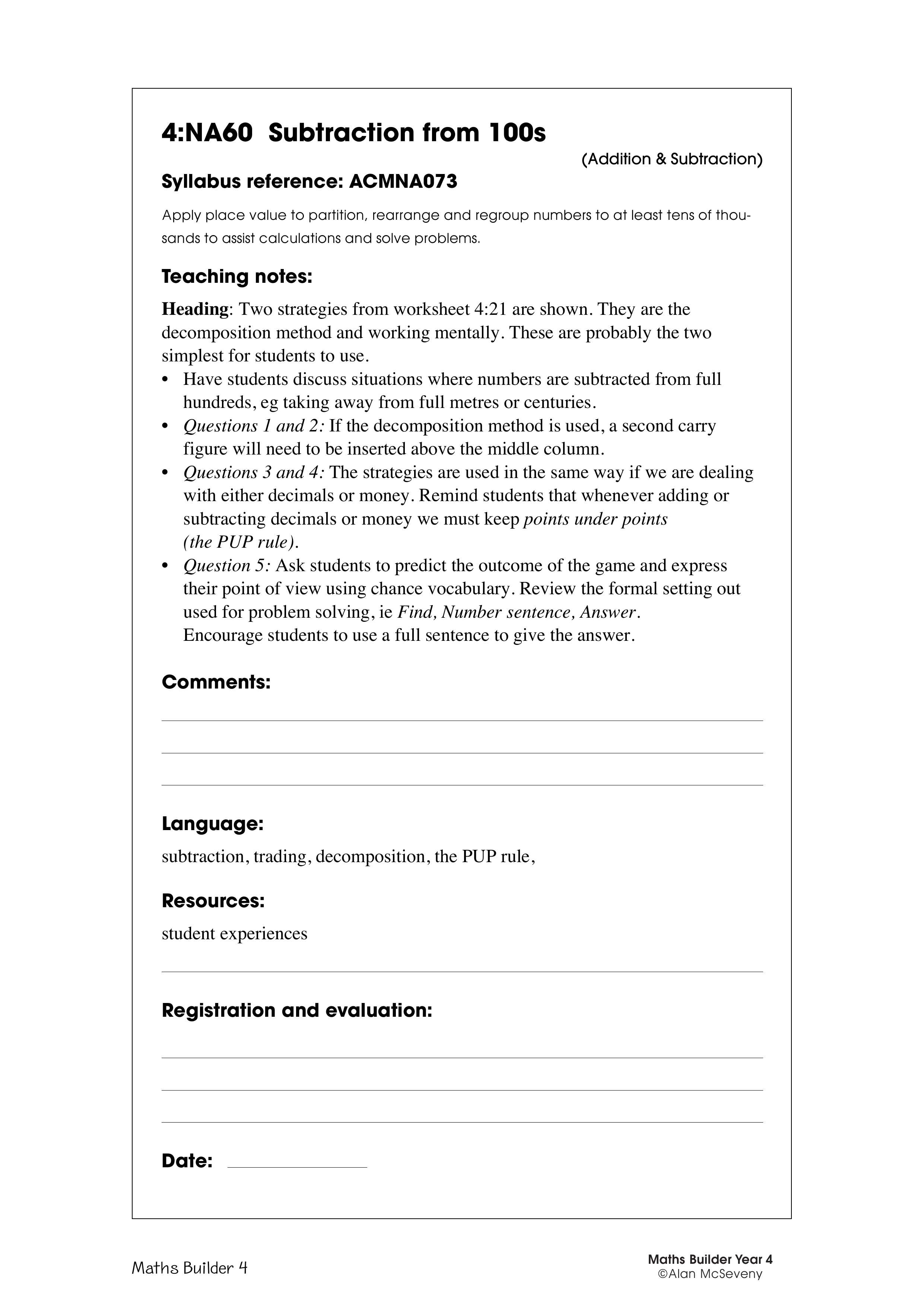 Subtraction from 100s — worksheet preview