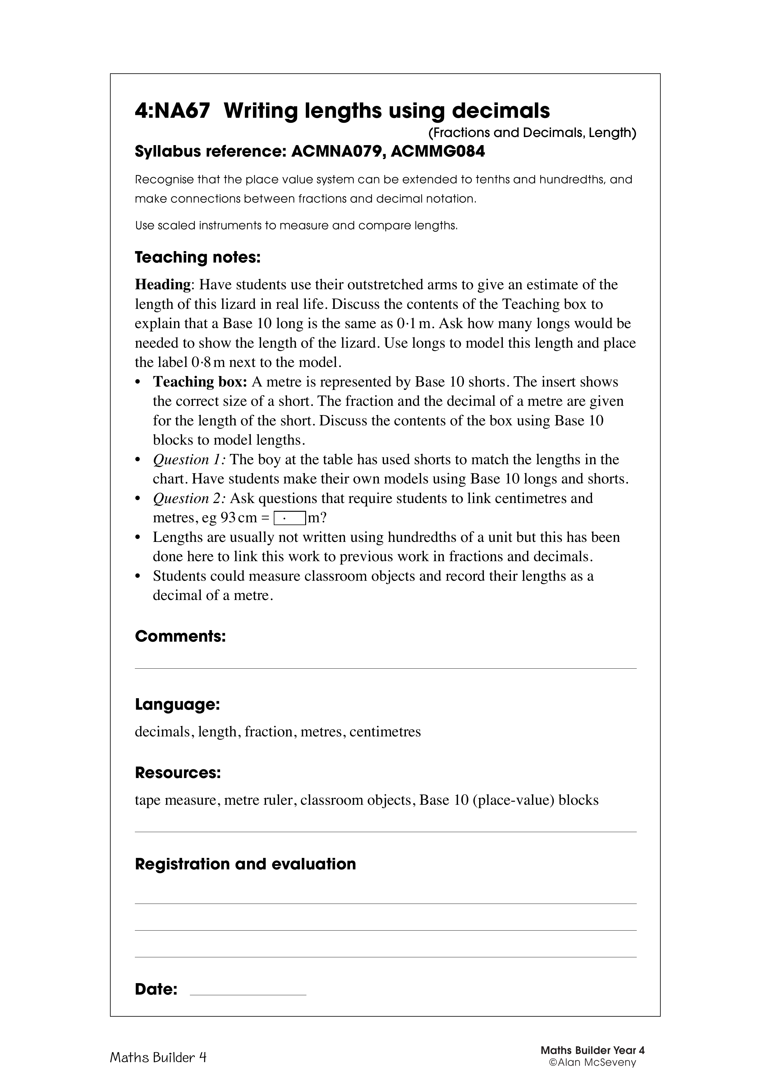 Writing lengths using decimals — worksheet preview