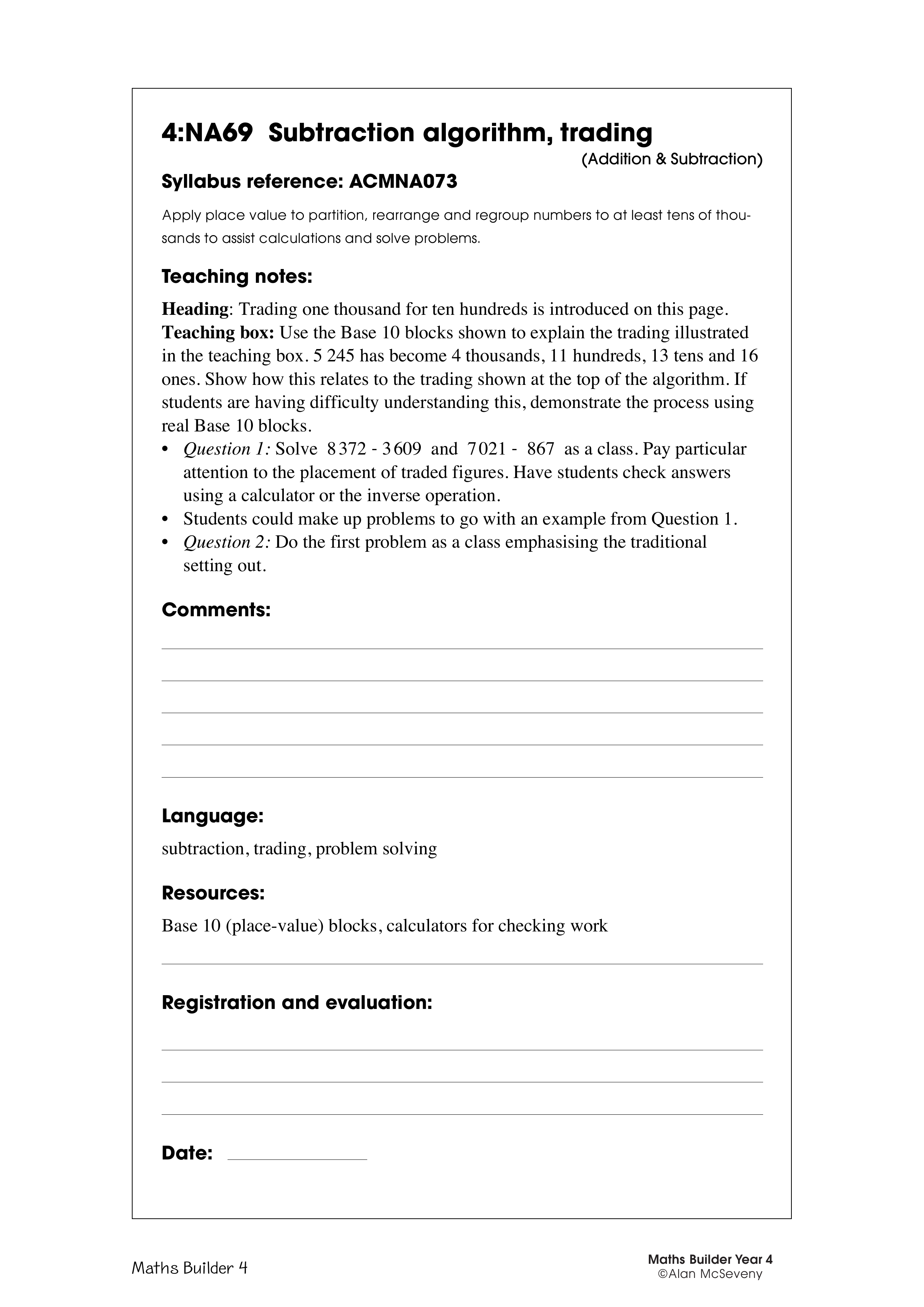 Subtraction algorithm, trading — worksheet preview