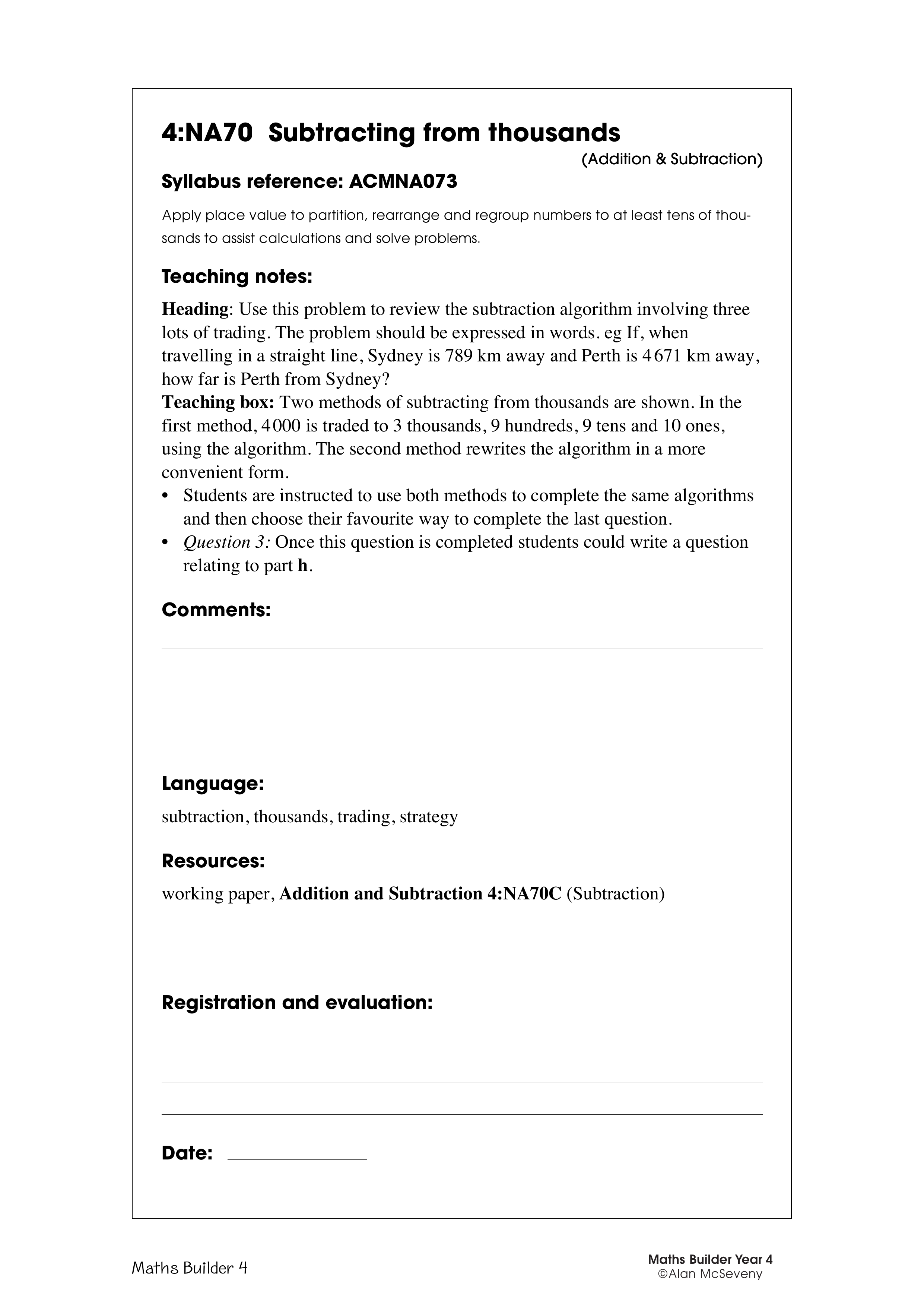Subtracting from thousands — worksheet preview