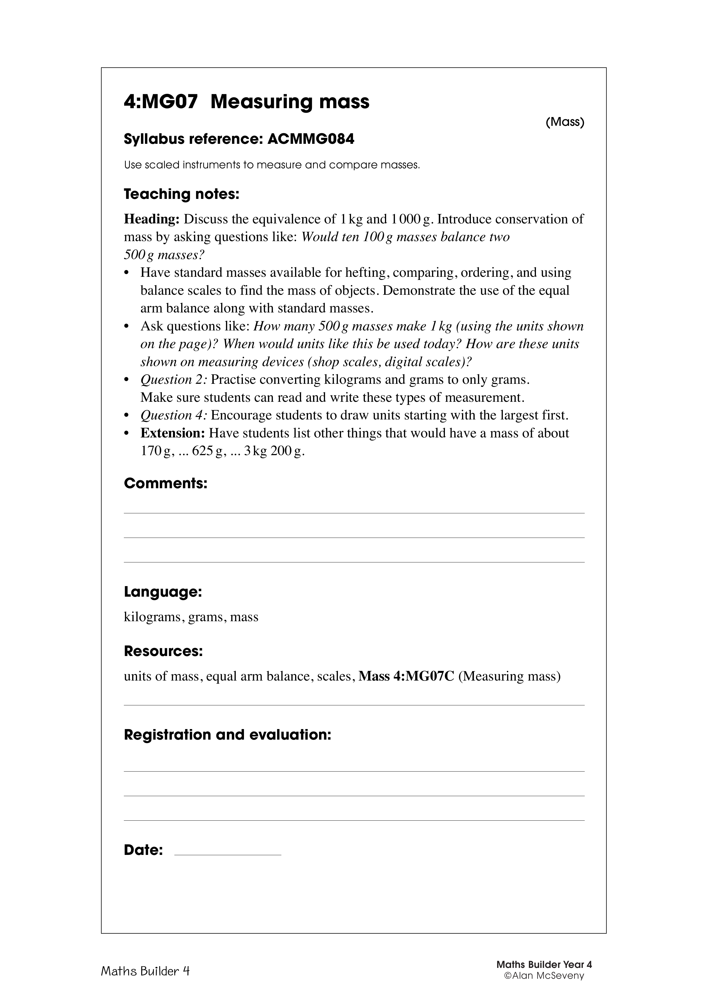 Measuring mass — worksheet preview