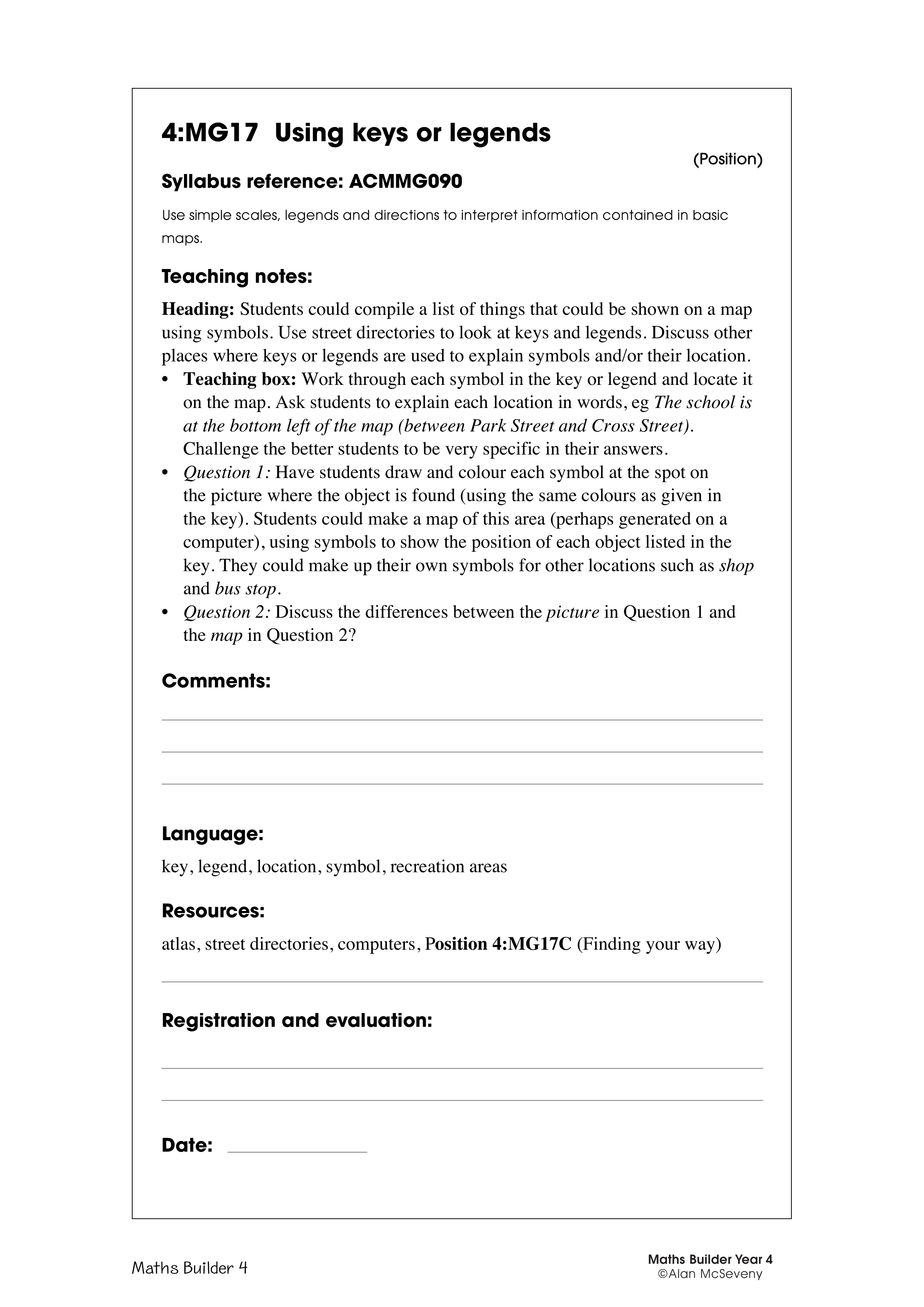 Using keys or legends — worksheet preview