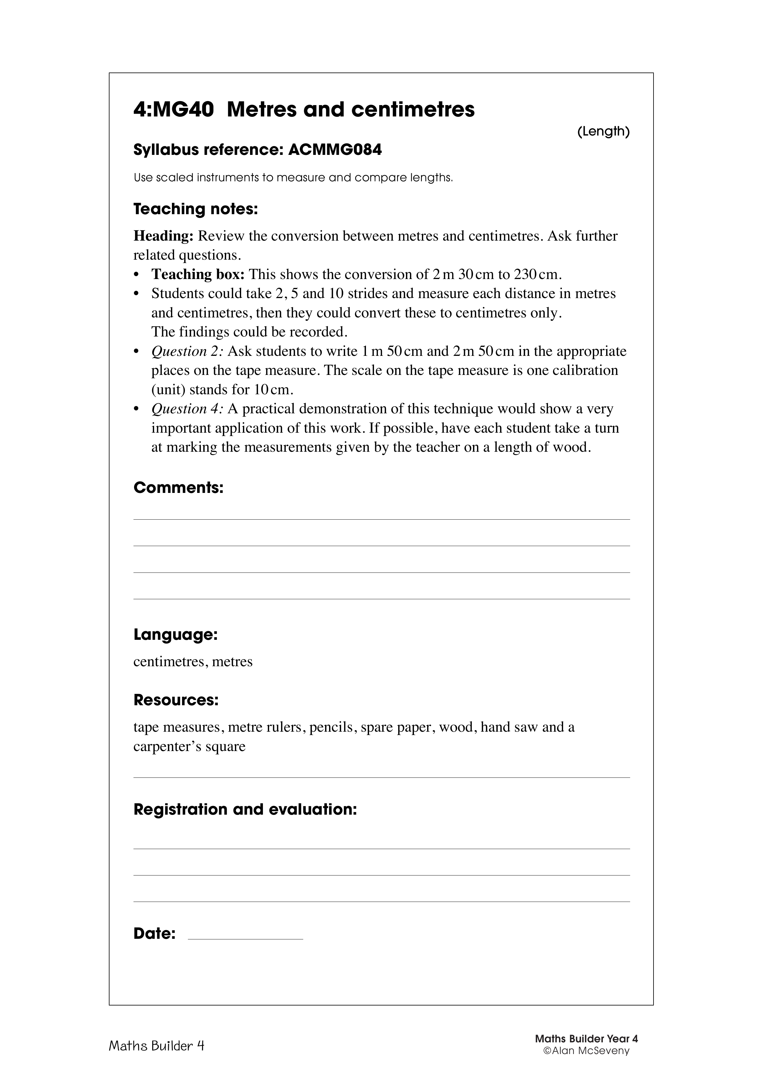 Metres and centimetres — worksheet preview