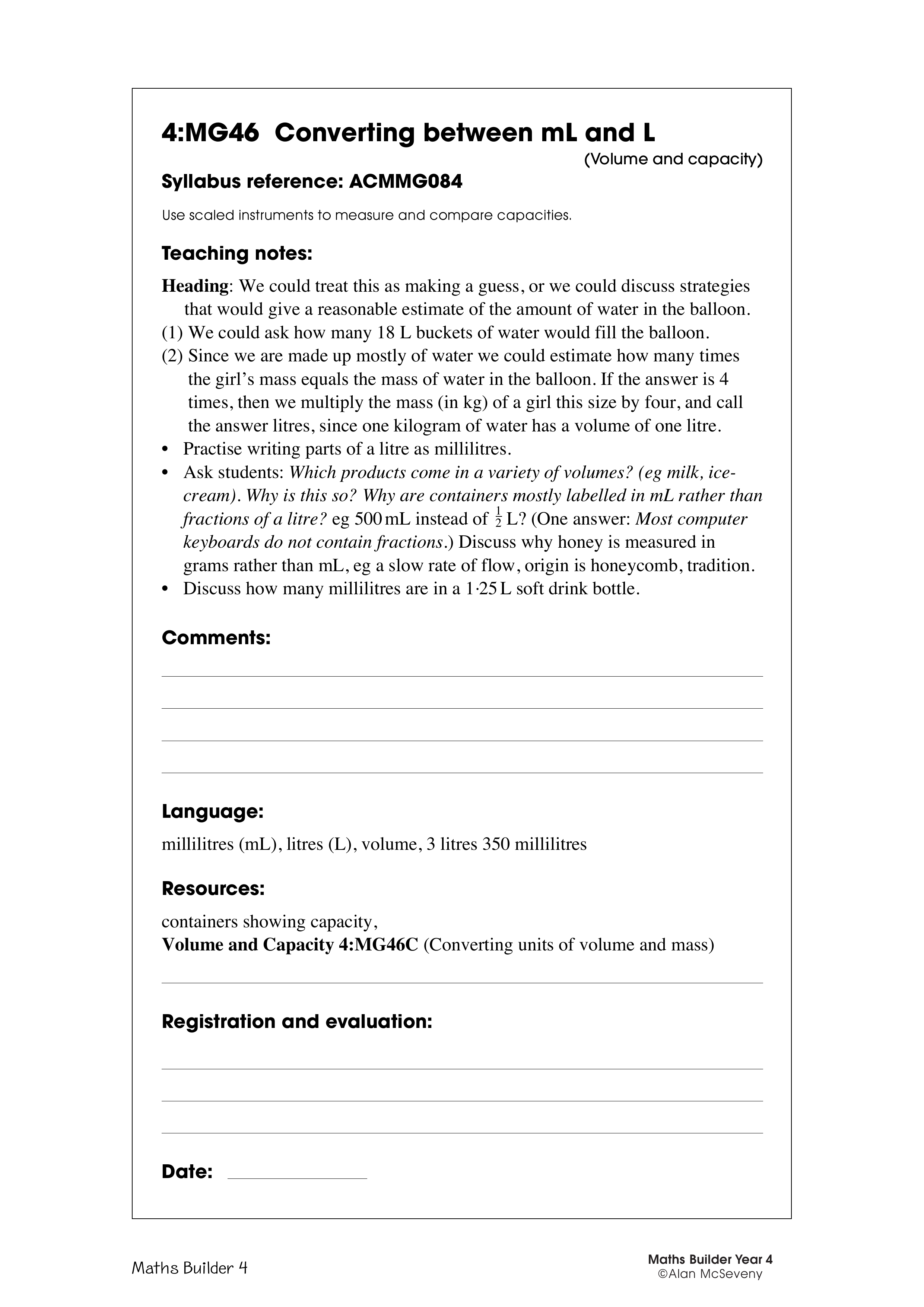 Converting between mL and L — worksheet preview