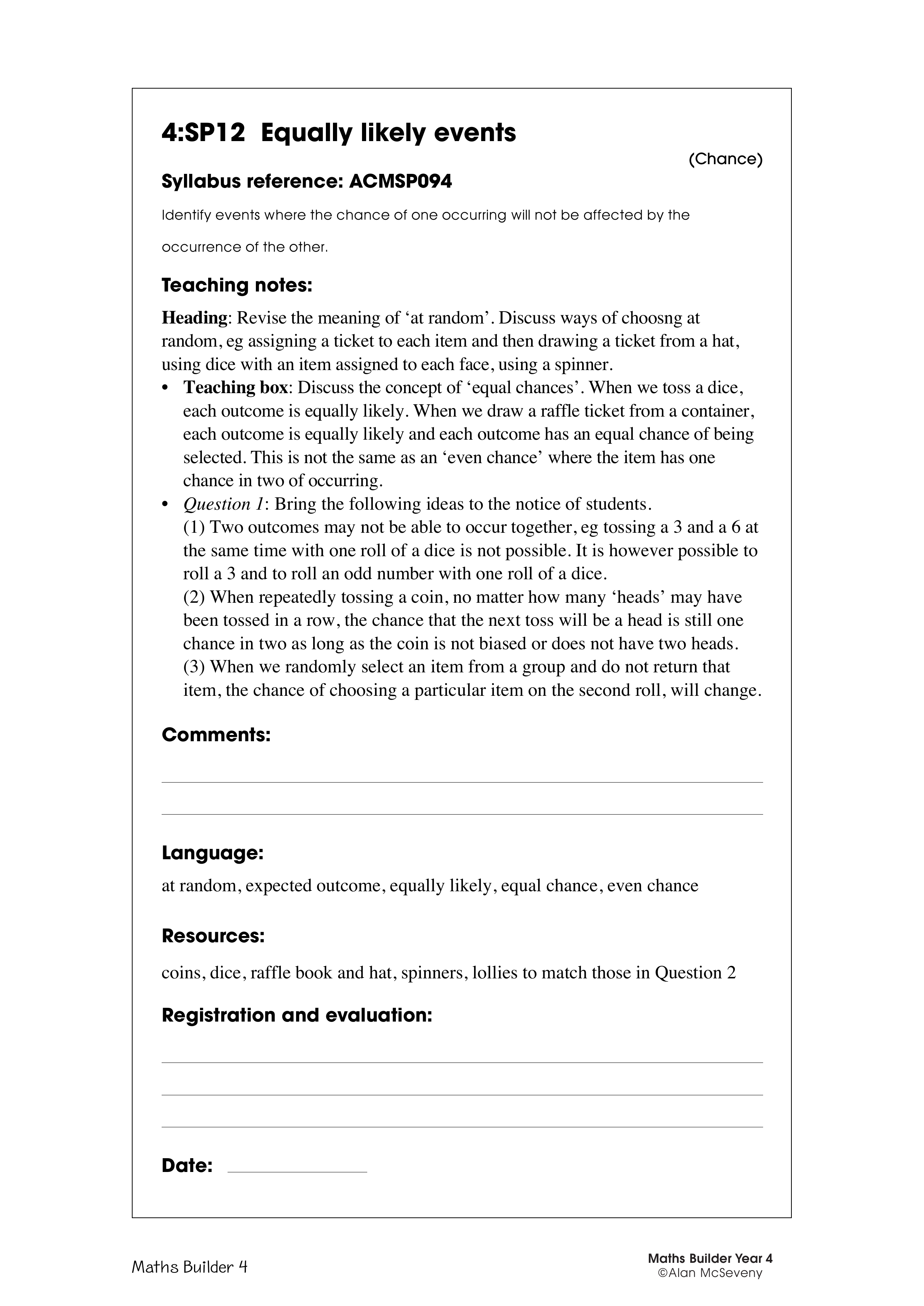 Equally likely events — worksheet preview