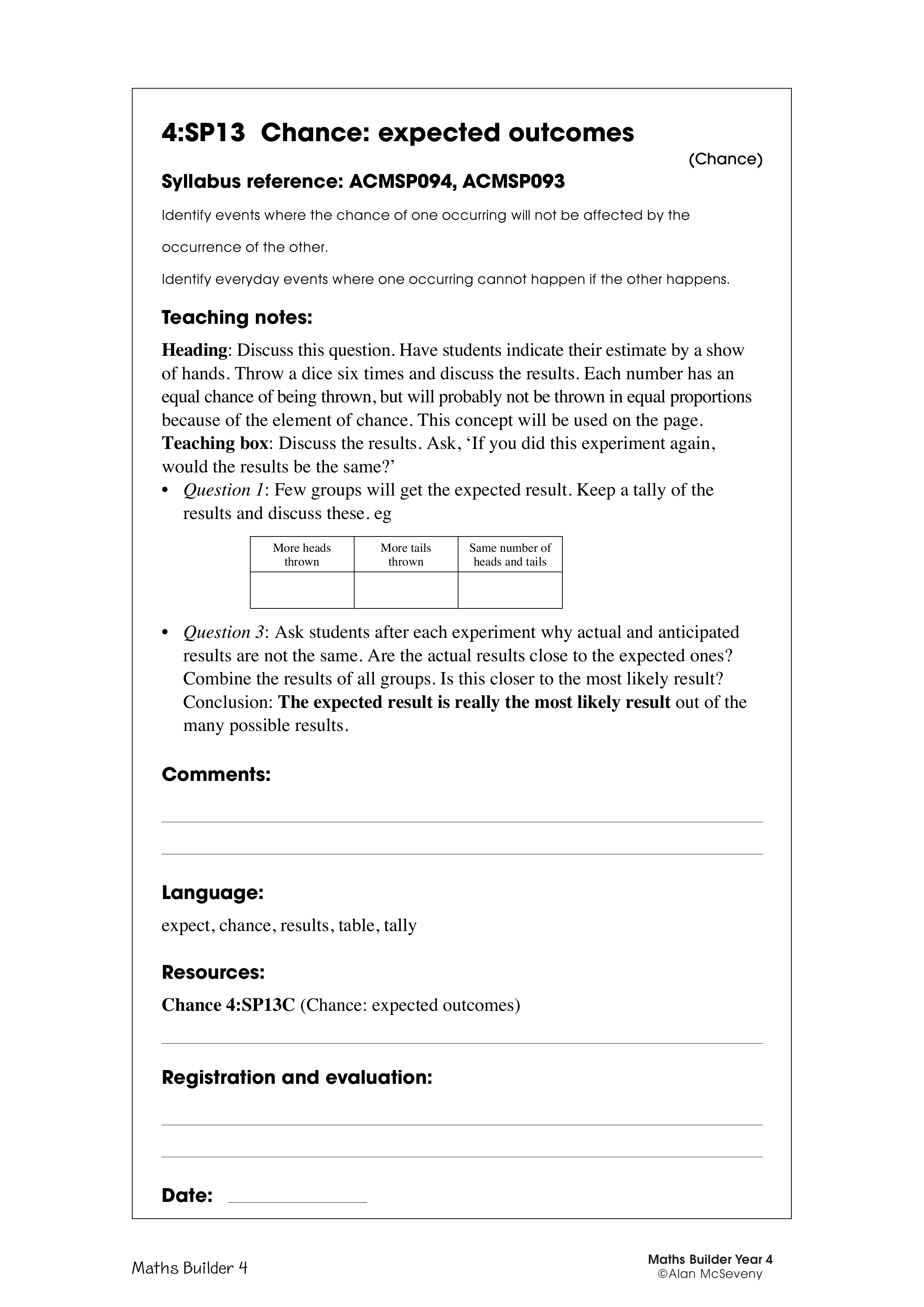 Chance: expected outcomes — worksheet preview