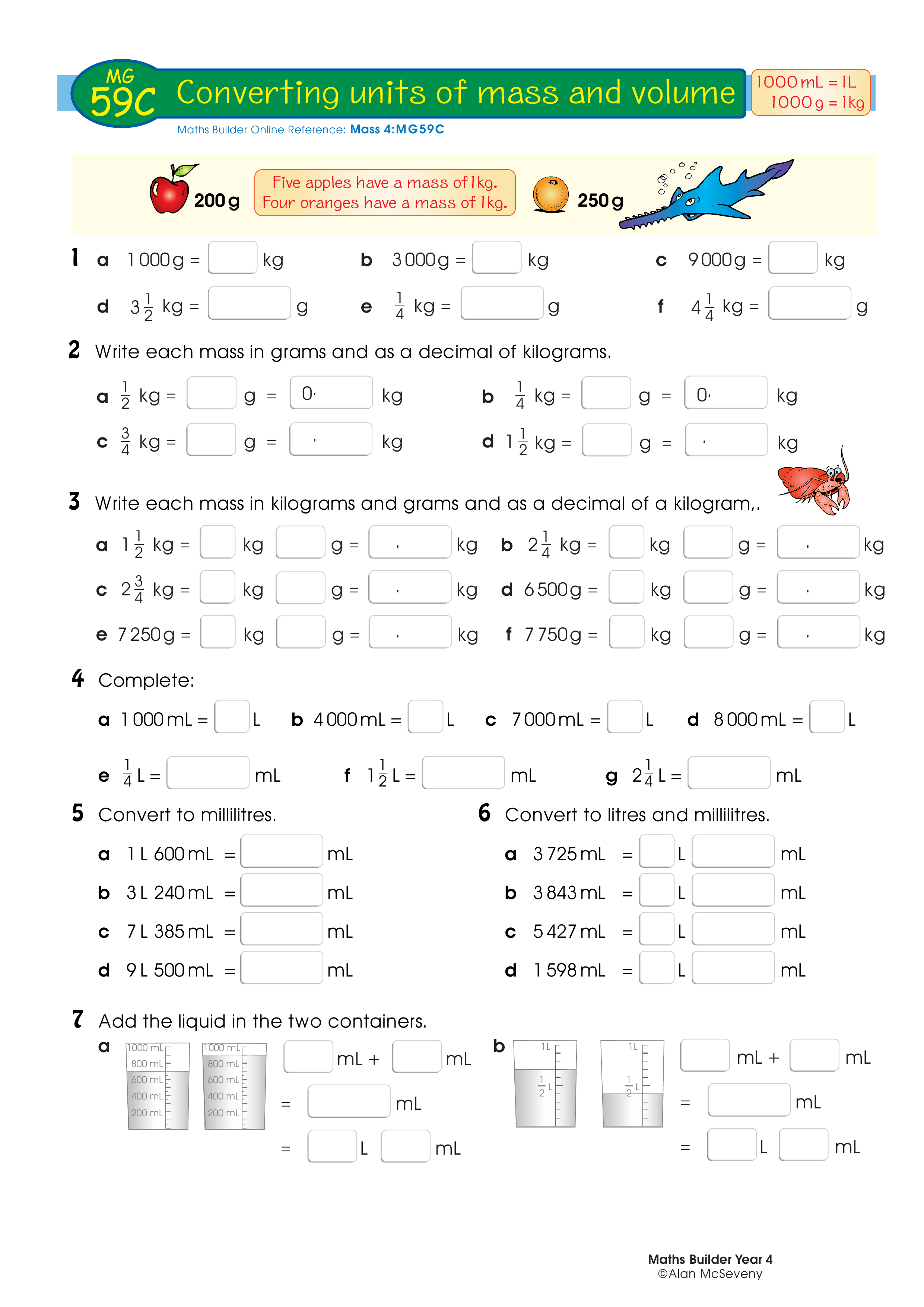 Converting units of mass and volume — worksheet preview
