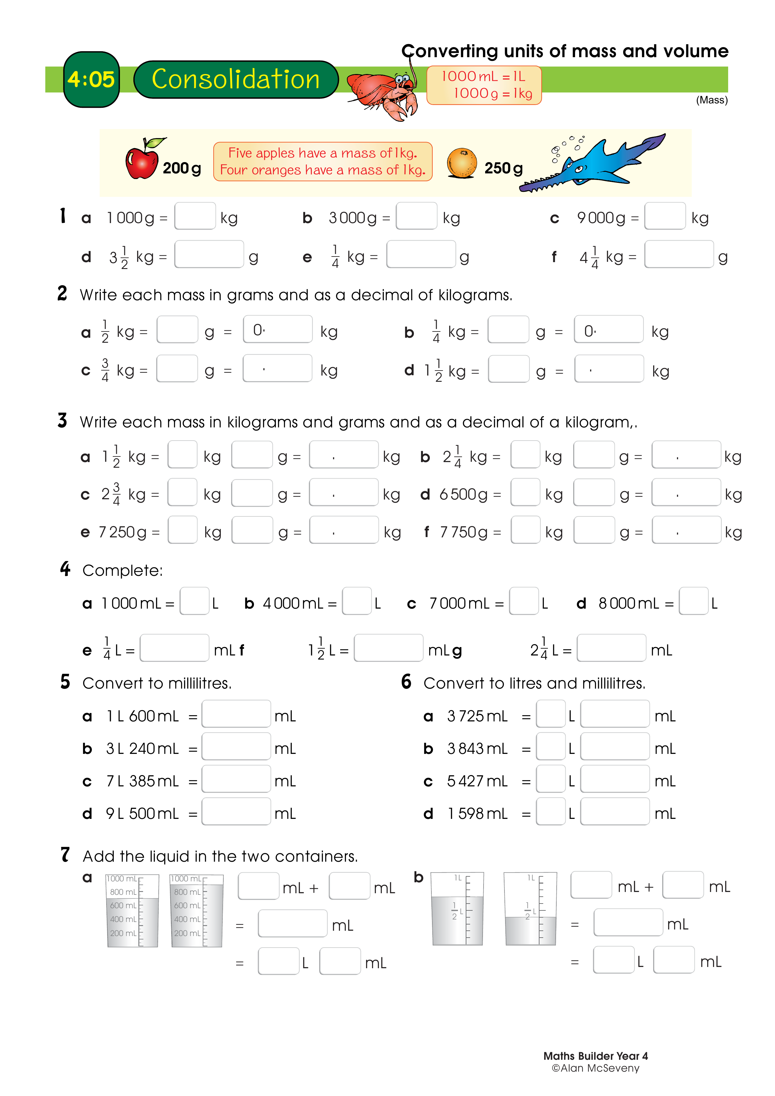 Converting units of mass and volume — worksheet preview