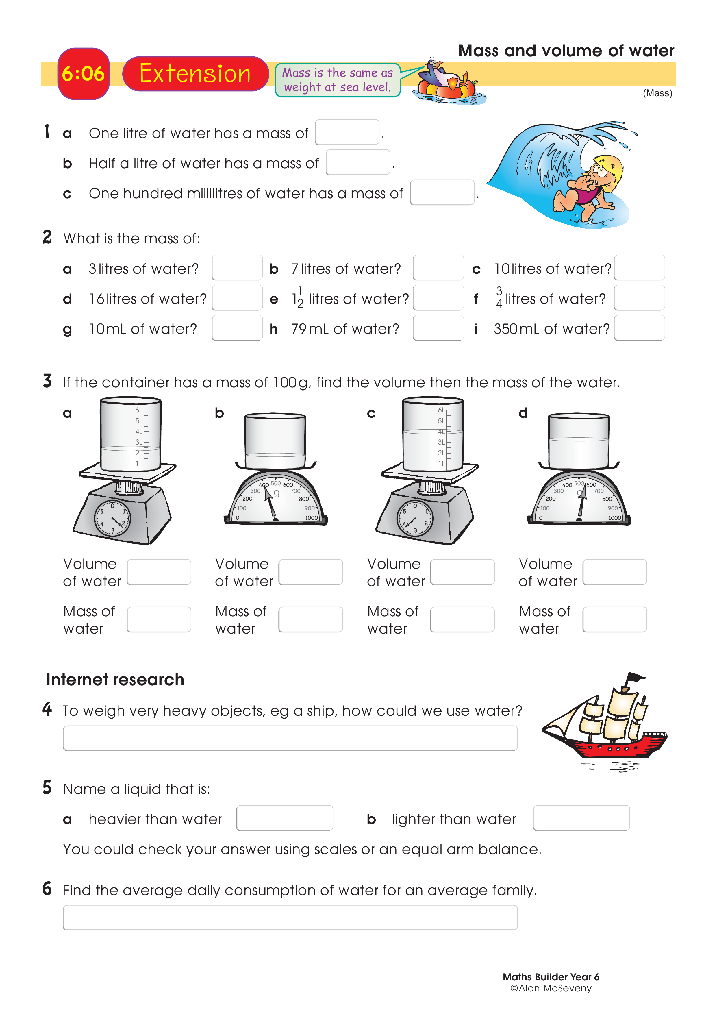 Mass and volume of water — worksheet preview