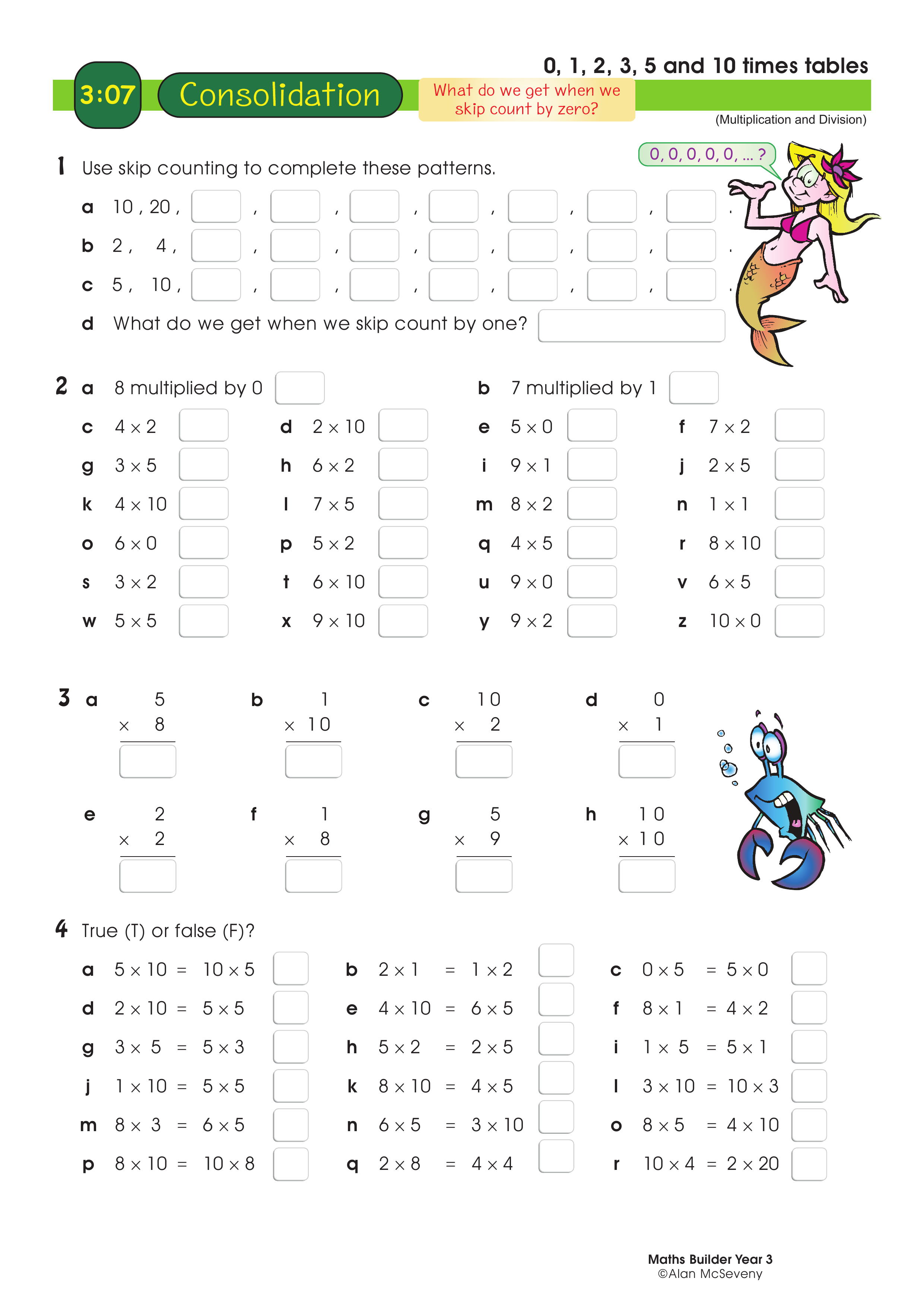 0, 1, 2, 3, 5 and 10 times tables — worksheet preview