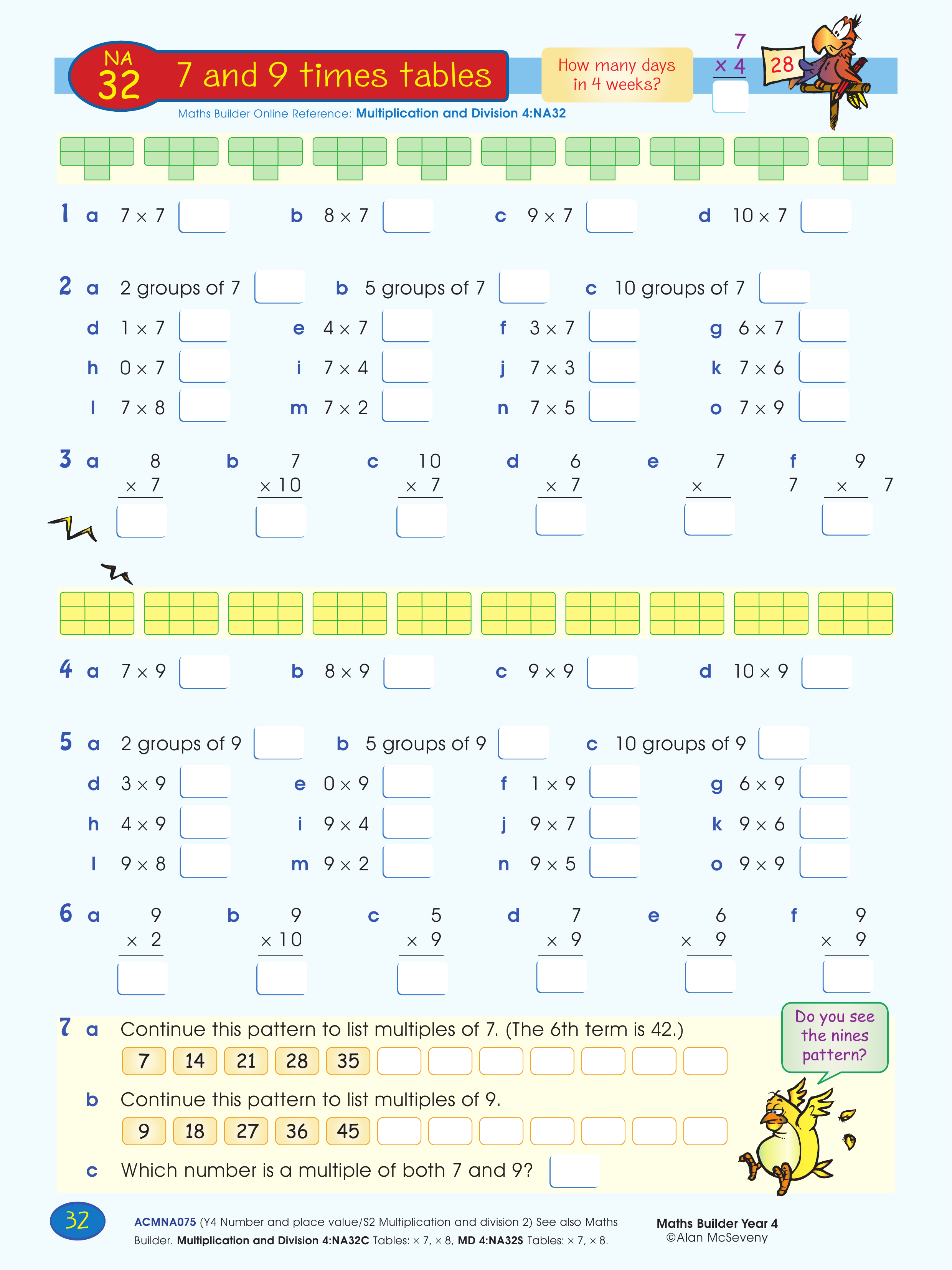 7 and 9 times tables — worksheet preview