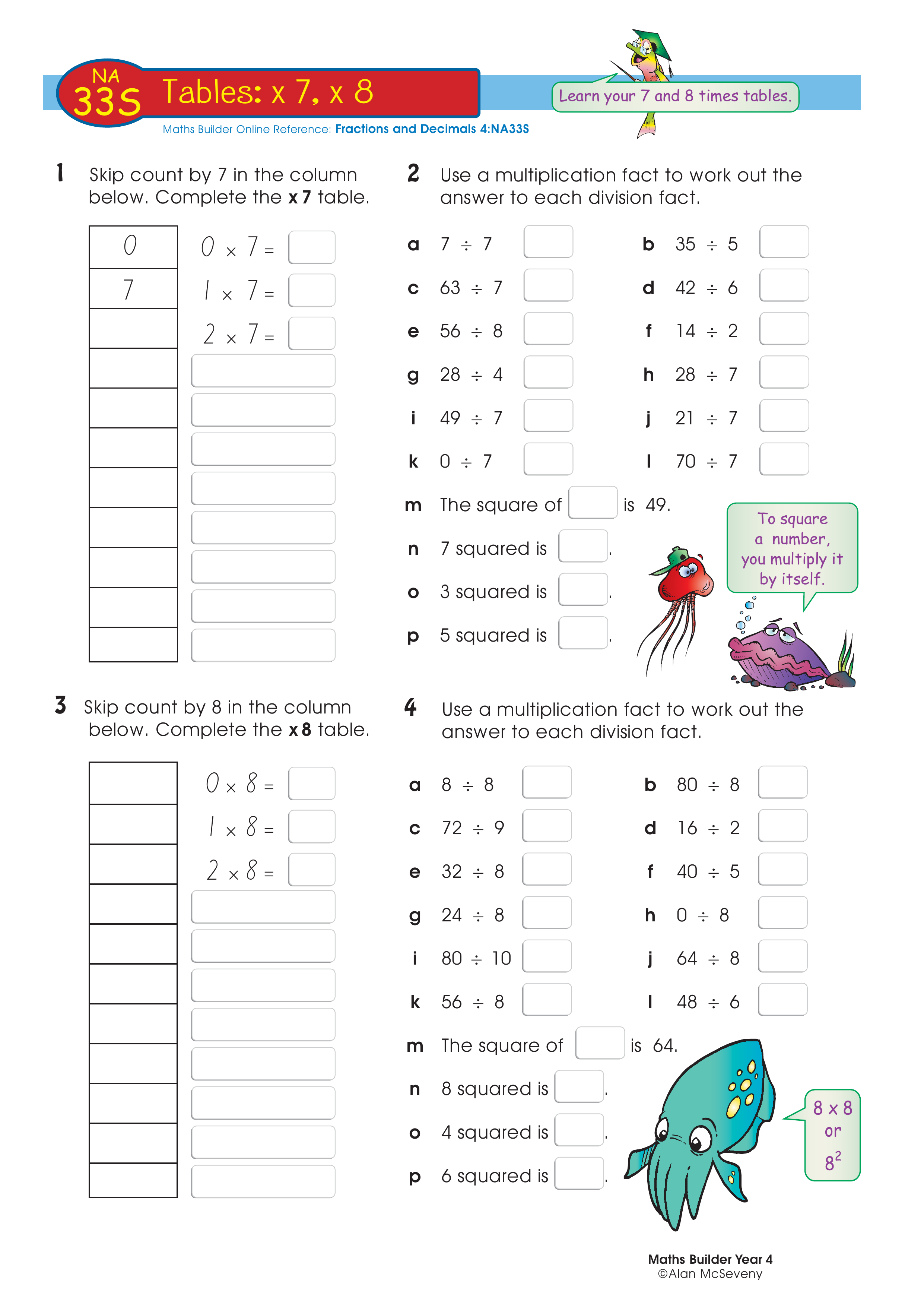 Tables: x 7, x 8 — worksheet preview