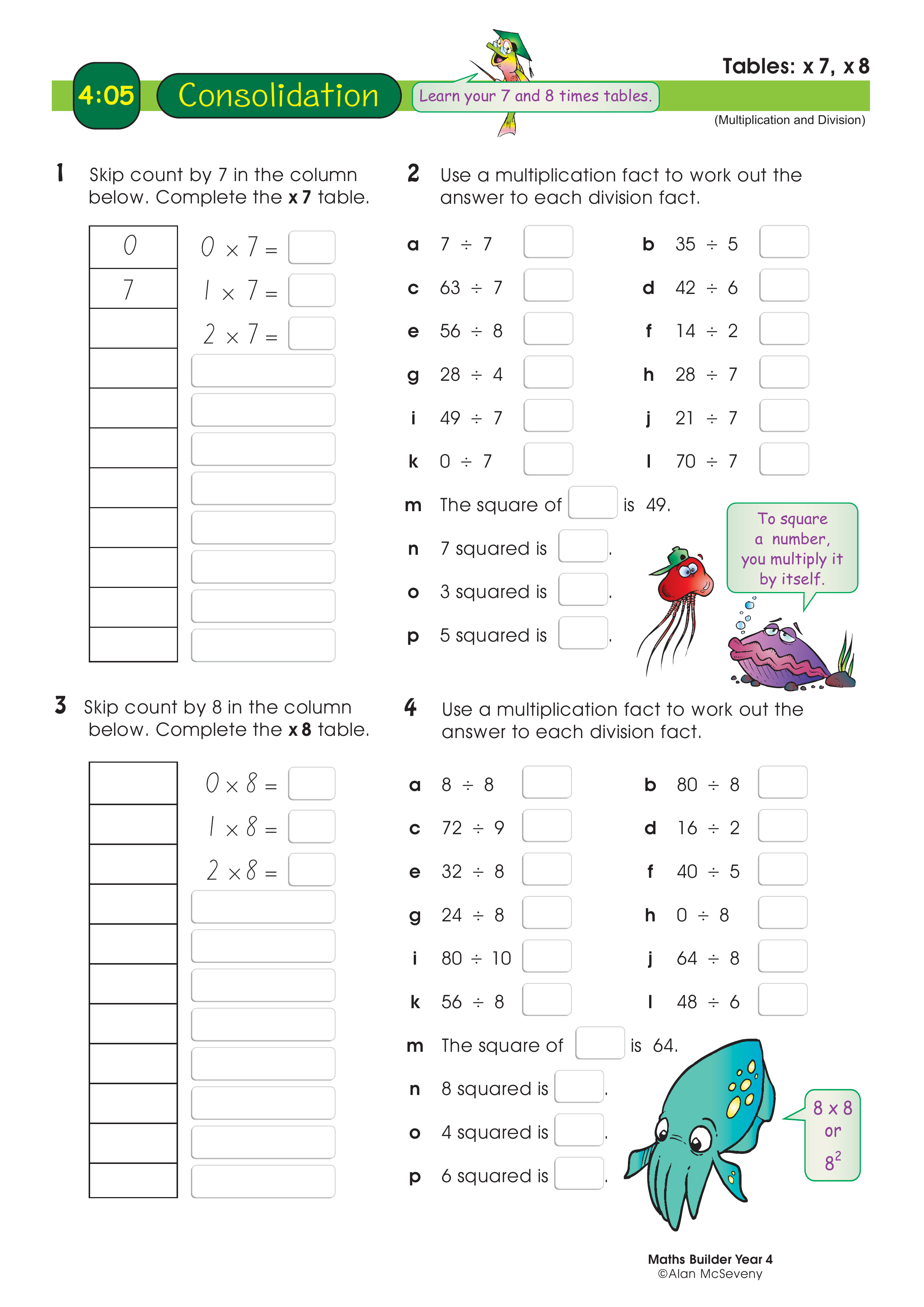 Tables: x 7, x 8 — worksheet preview
