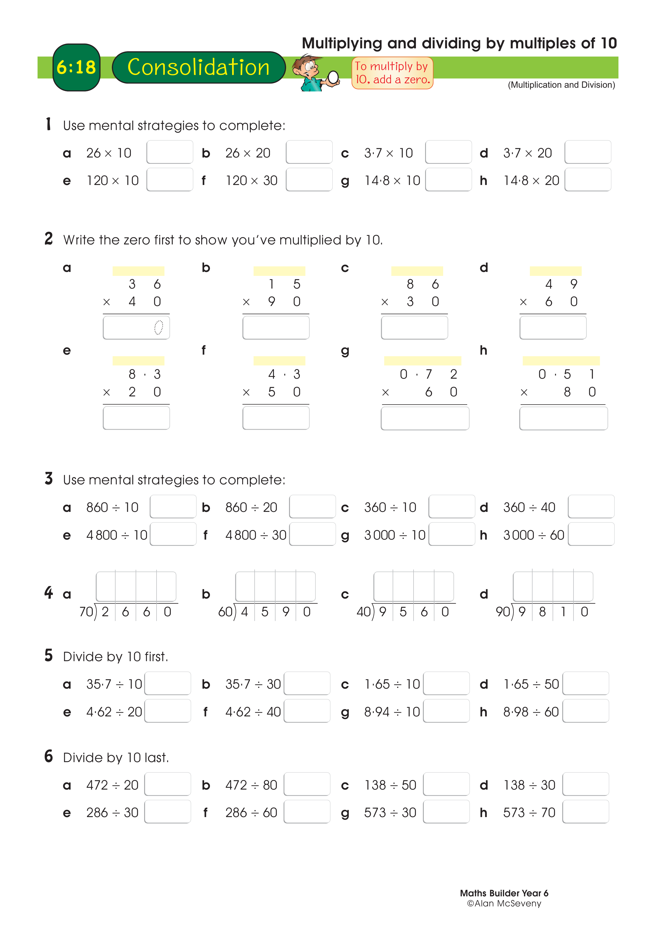 Multiplying and dividing by multiples of 10 — worksheet preview