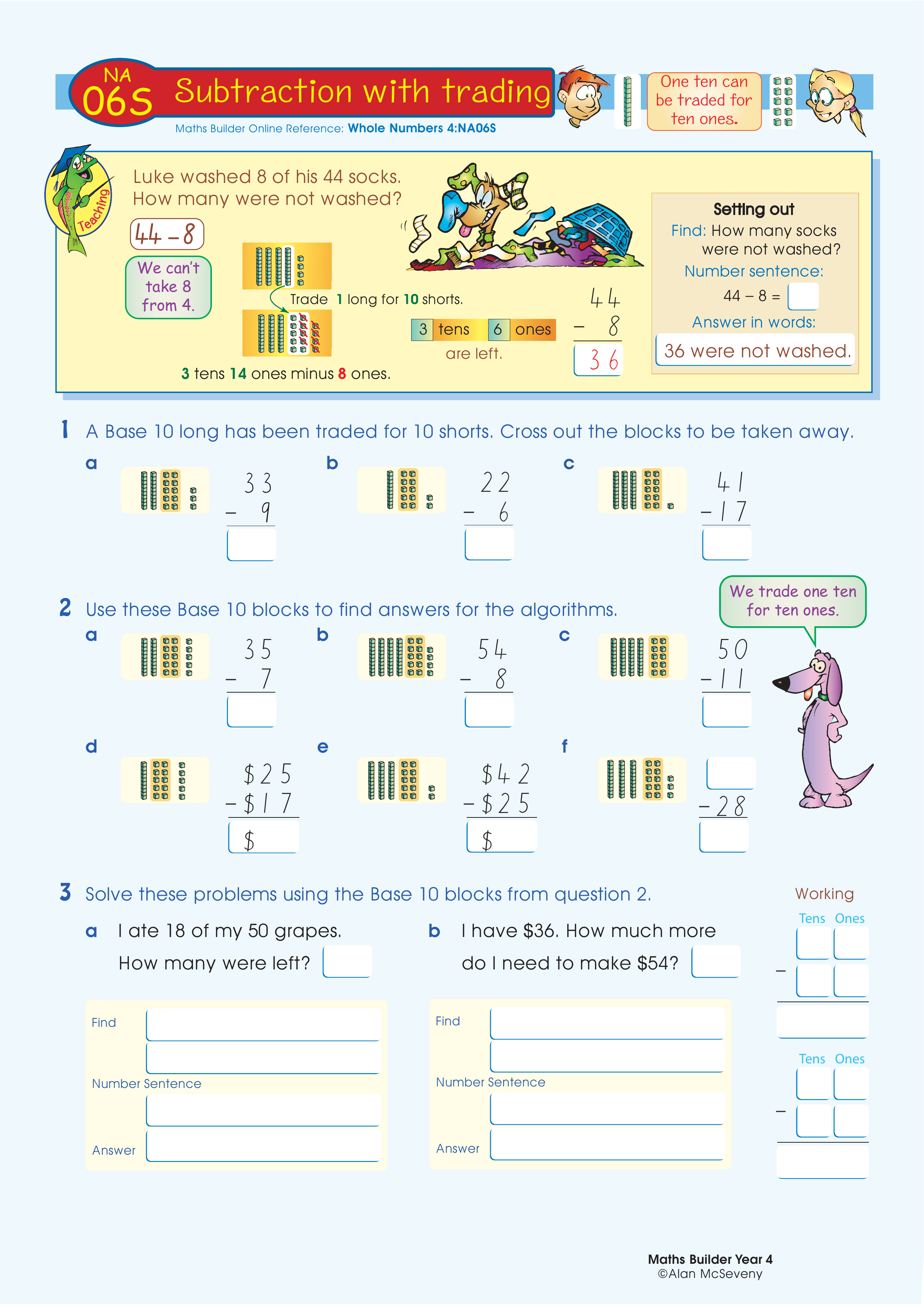 Subtraction with trading — worksheet preview