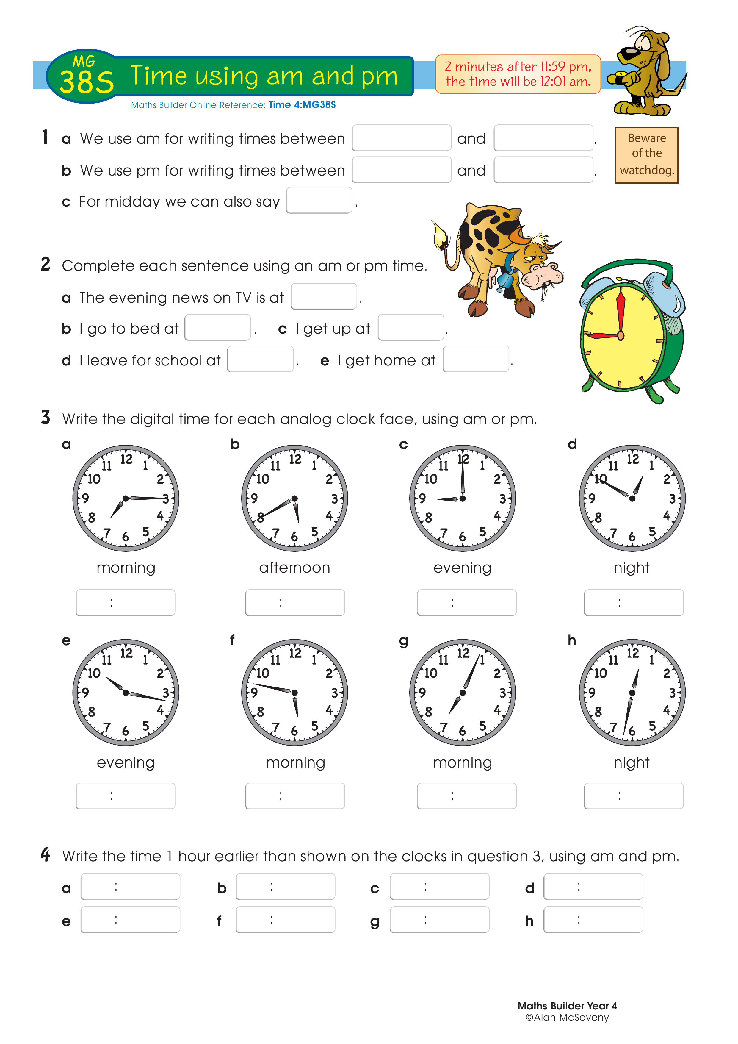 Time using am and pm — worksheet preview