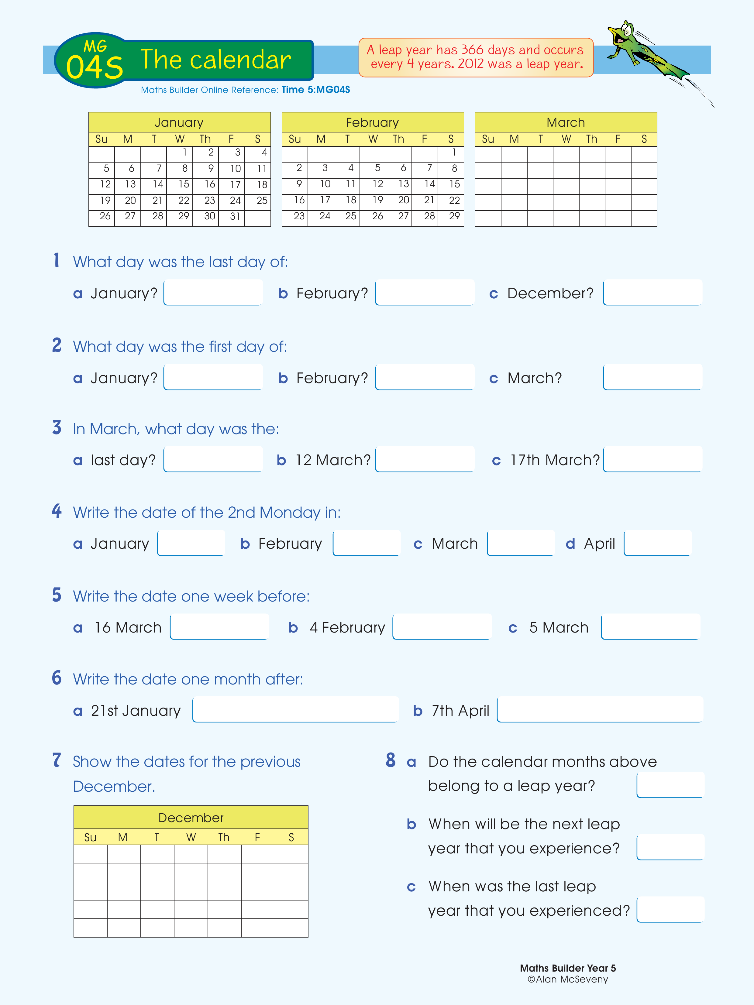 The calendar — worksheet preview