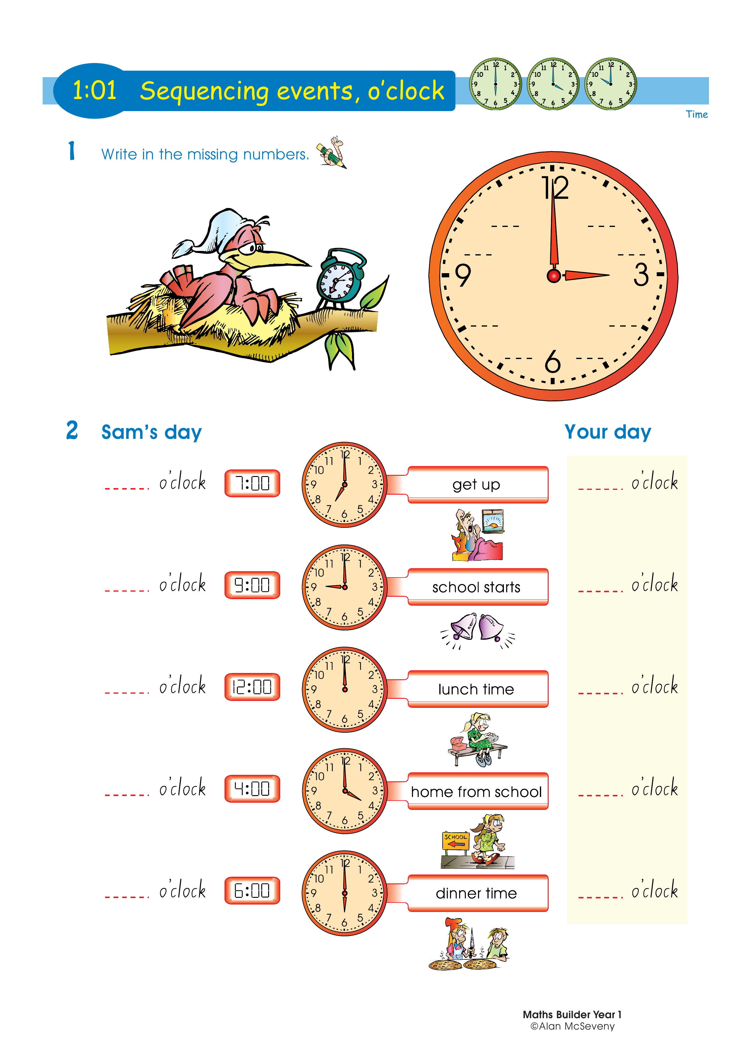Sequencing events, o'clock — worksheet preview