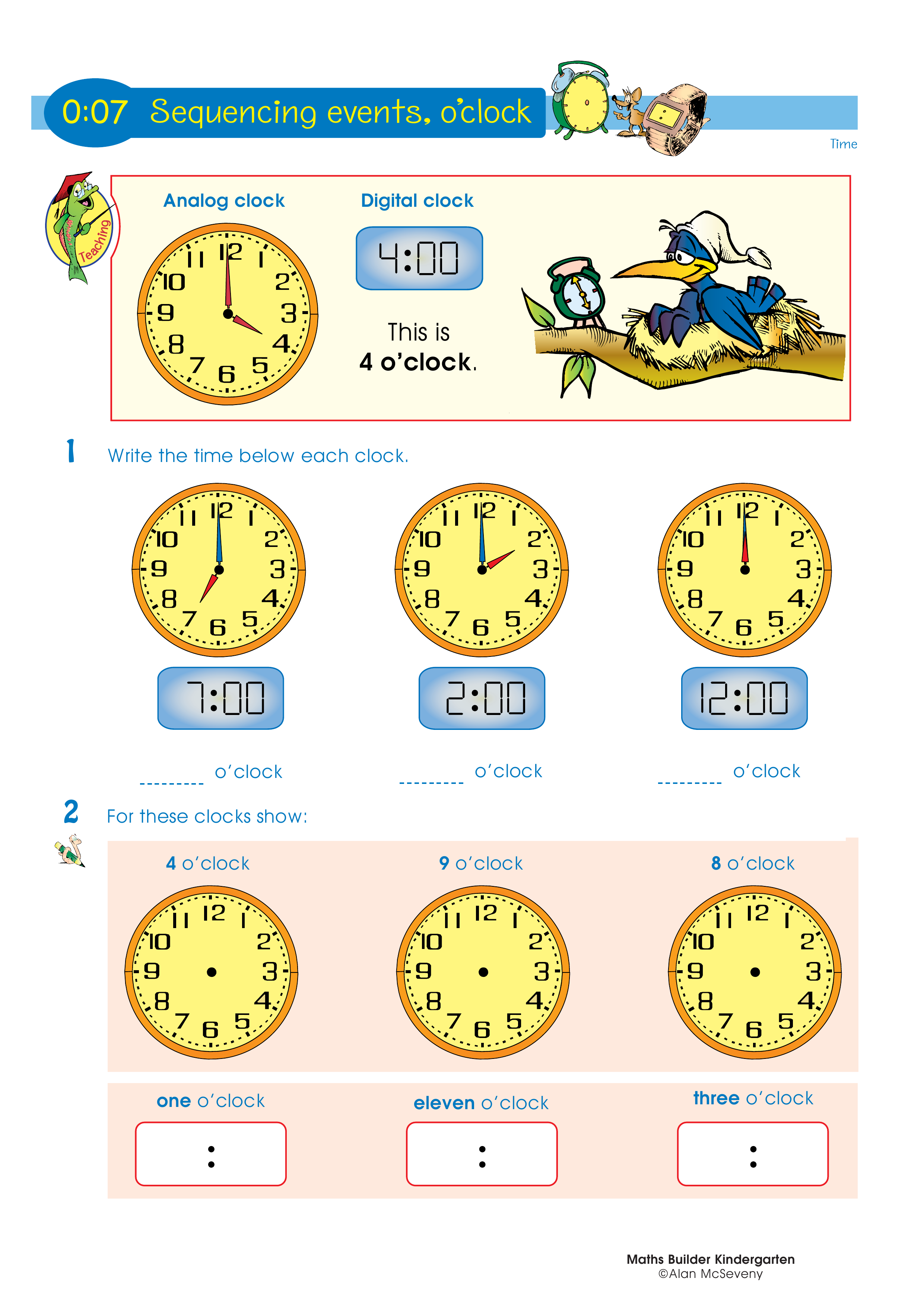 Sequencing events, o'clock — worksheet preview