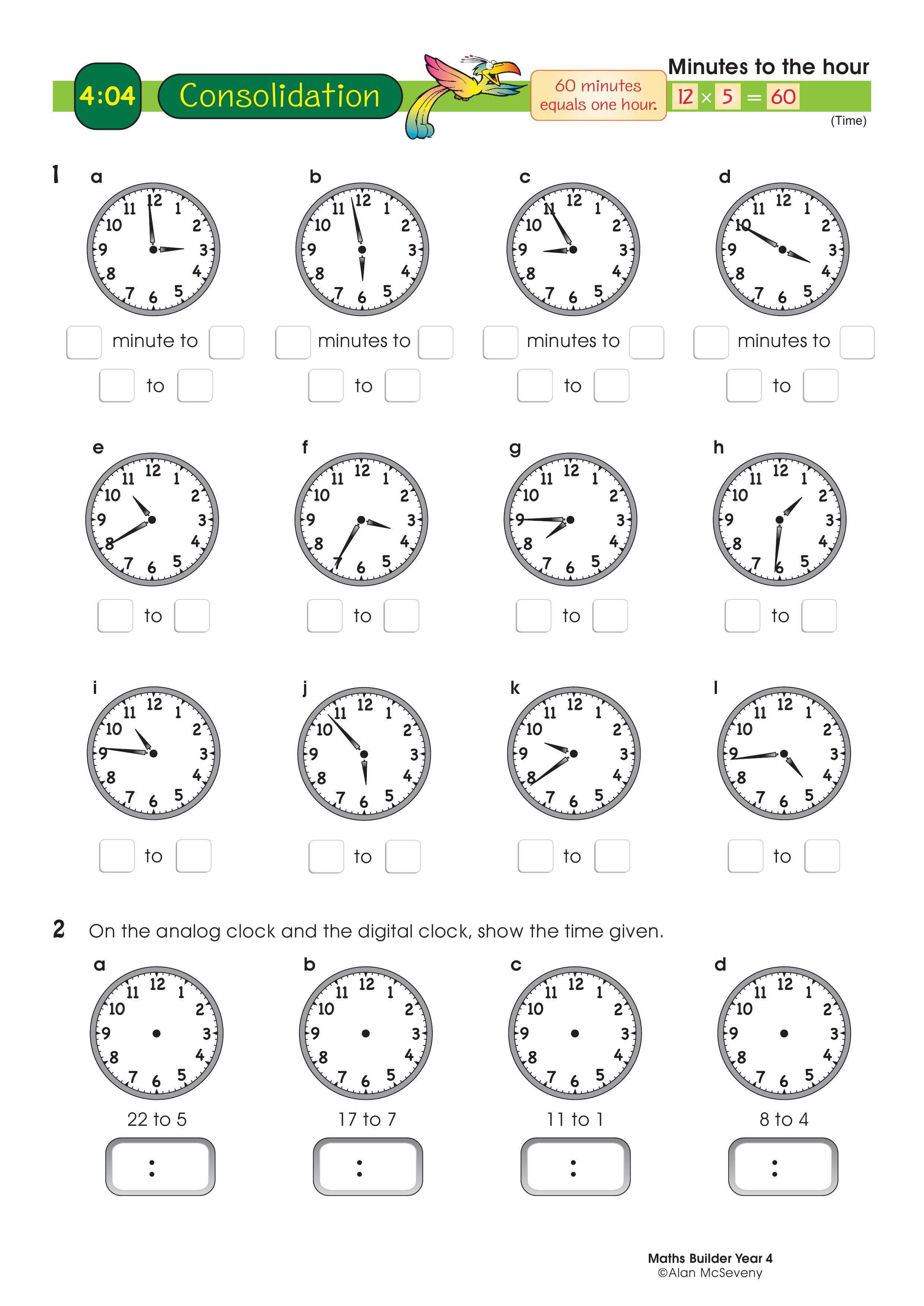 Minutes to the hour — worksheet preview