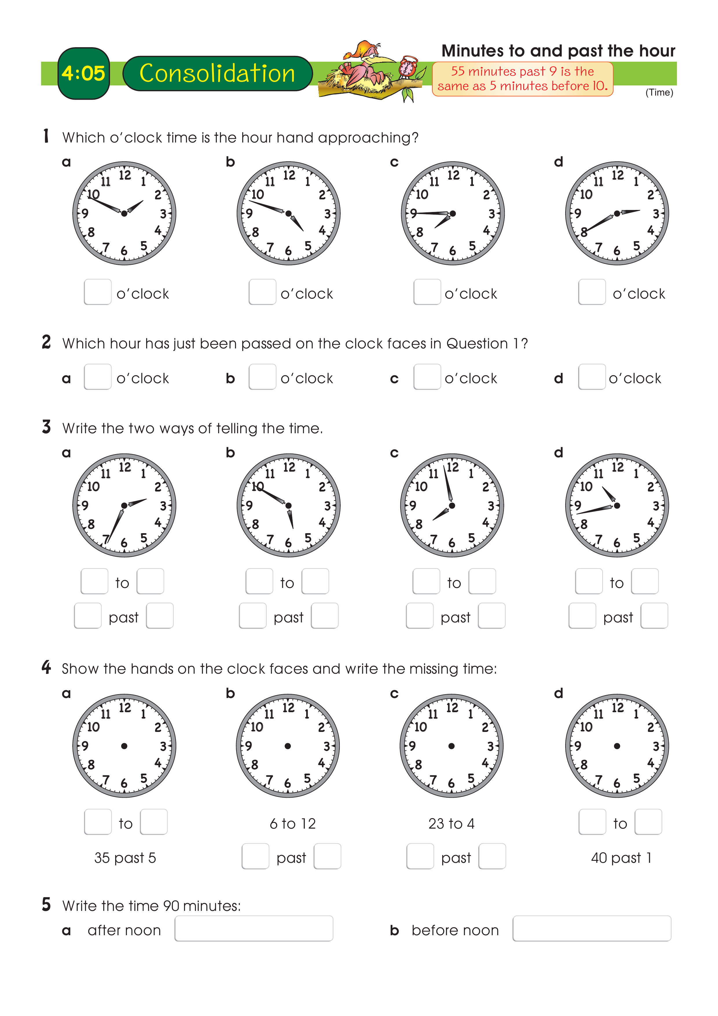 Minutes to and past the hour — worksheet preview