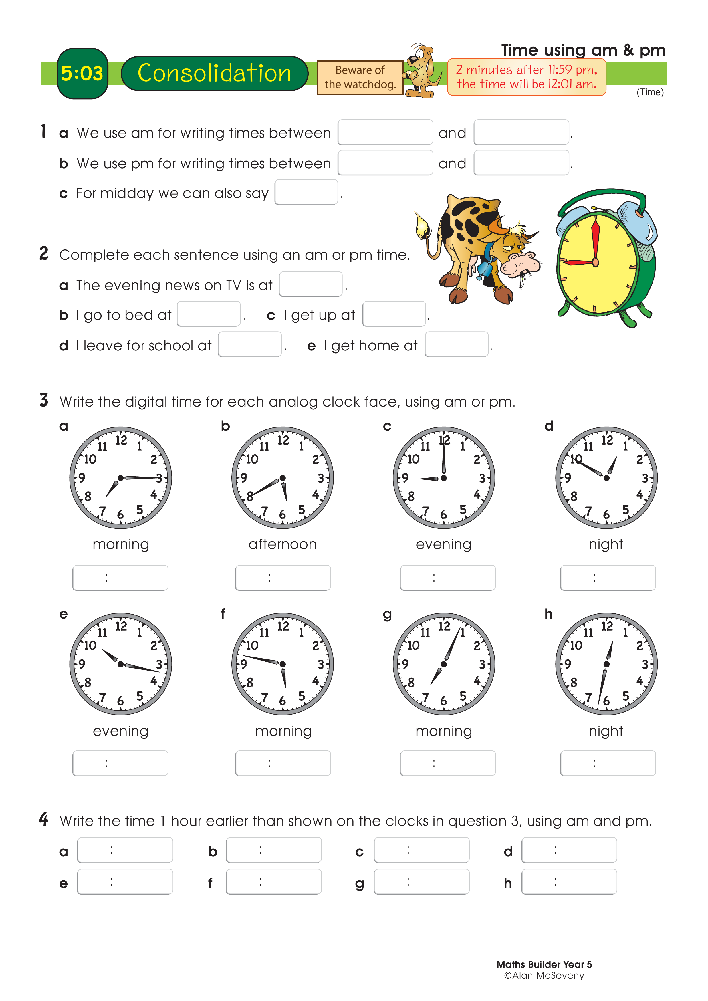 Time using am & pm — worksheet preview