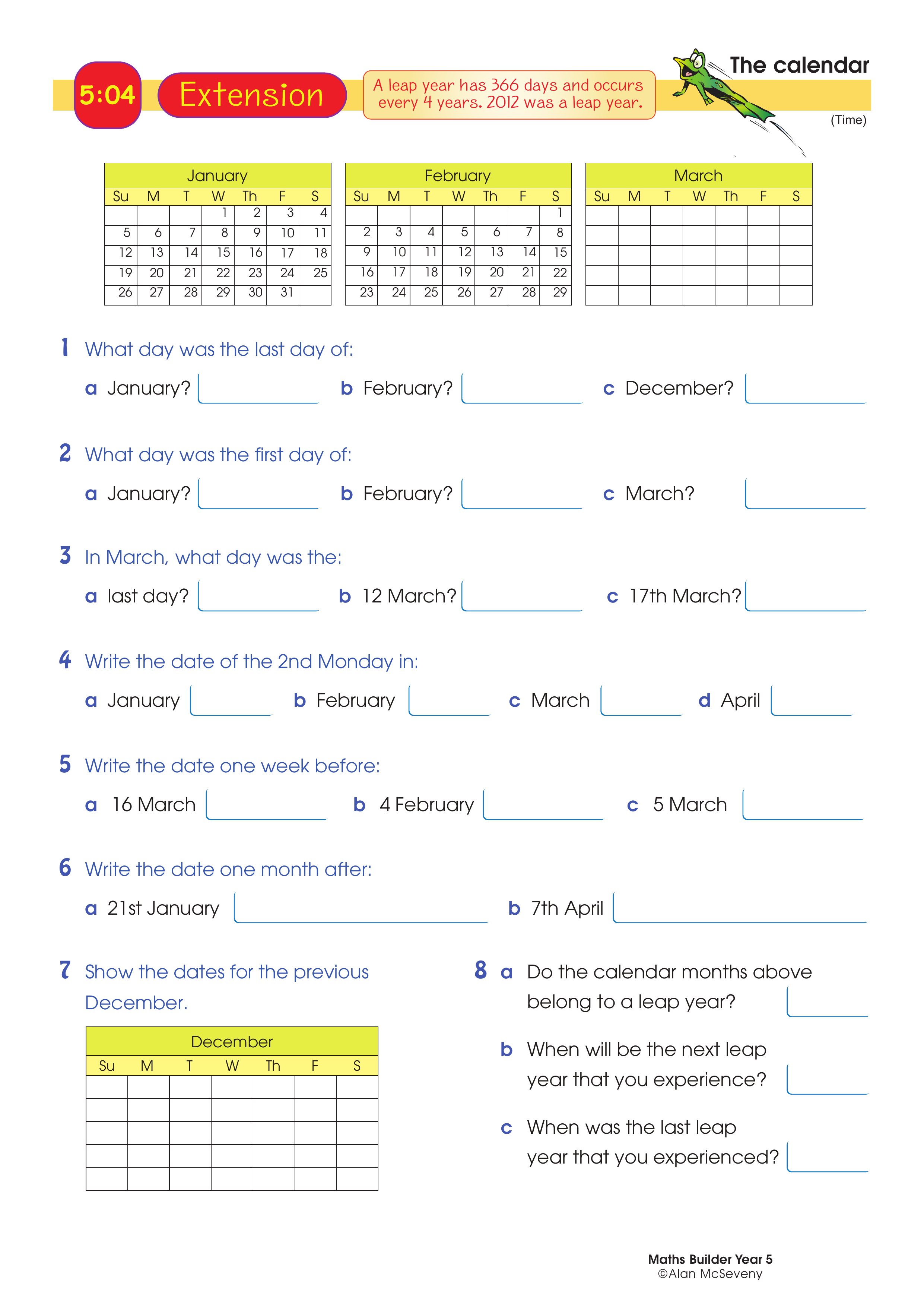 The calendar — worksheet preview