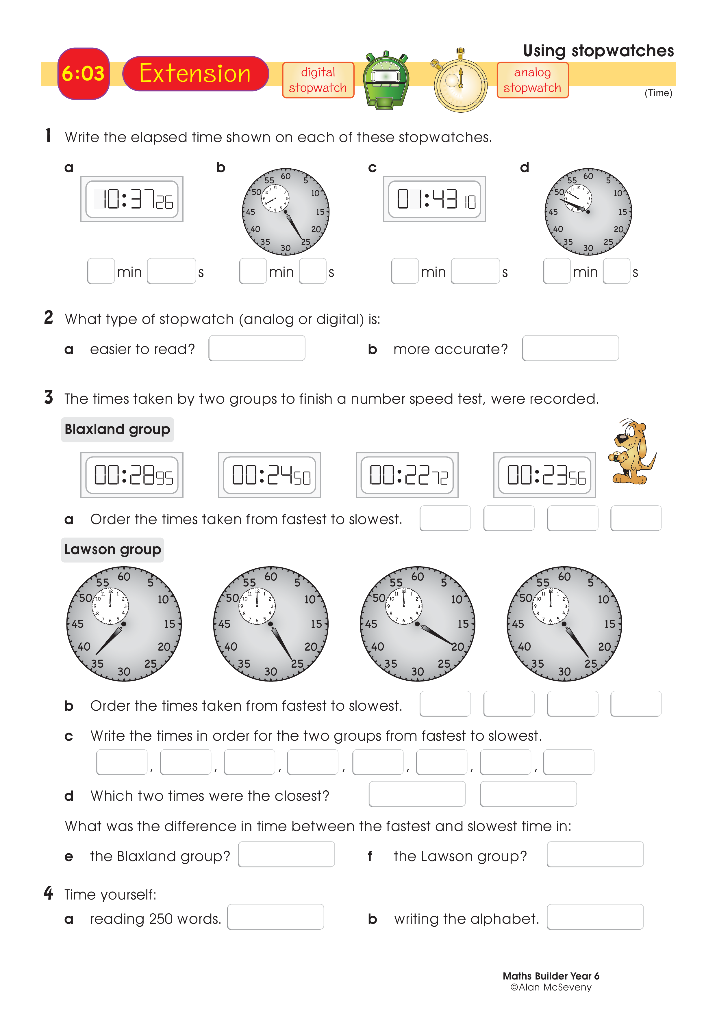 Using stopwatches — worksheet preview