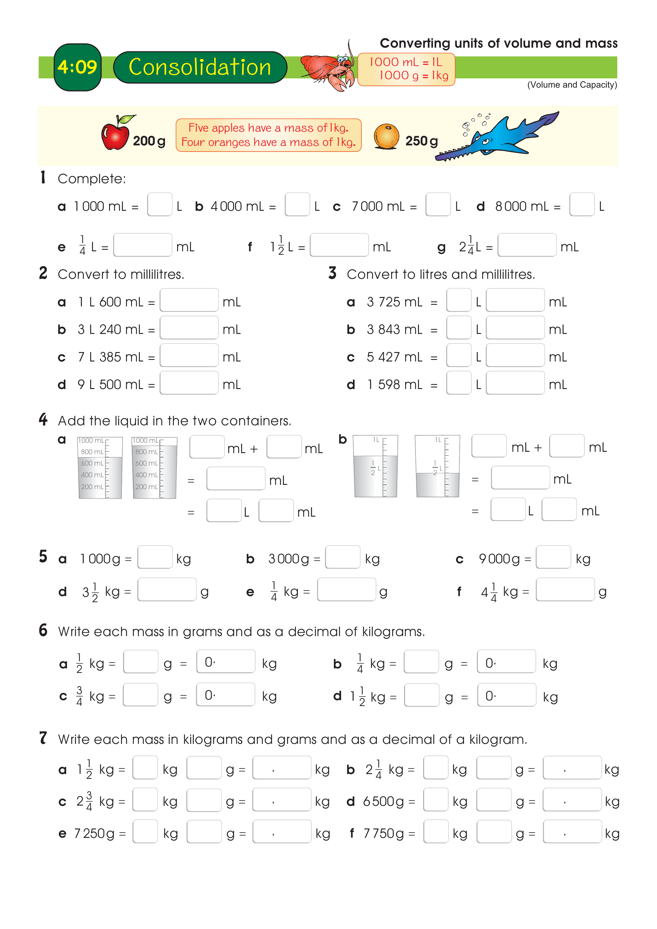 Converting units of volume and mass — worksheet preview