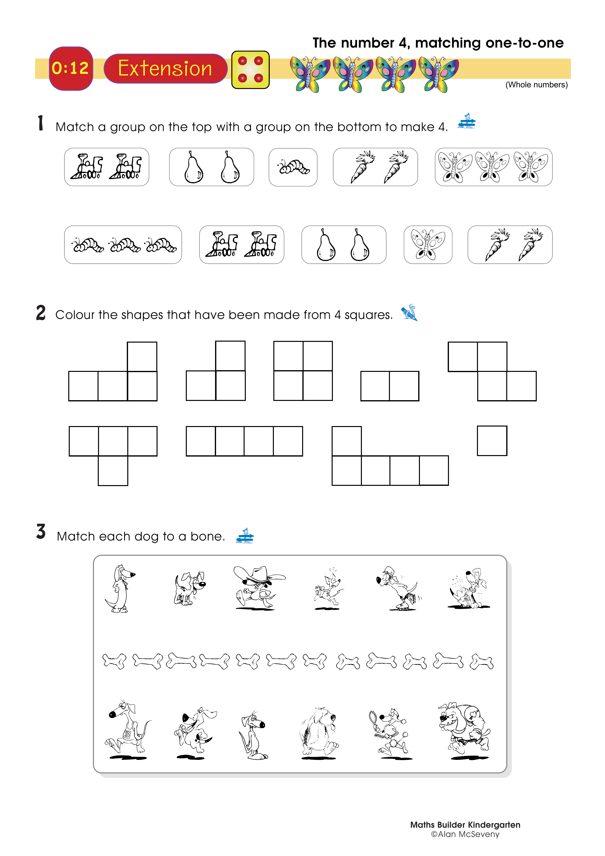 The number 4, matching one-to-one — worksheet preview