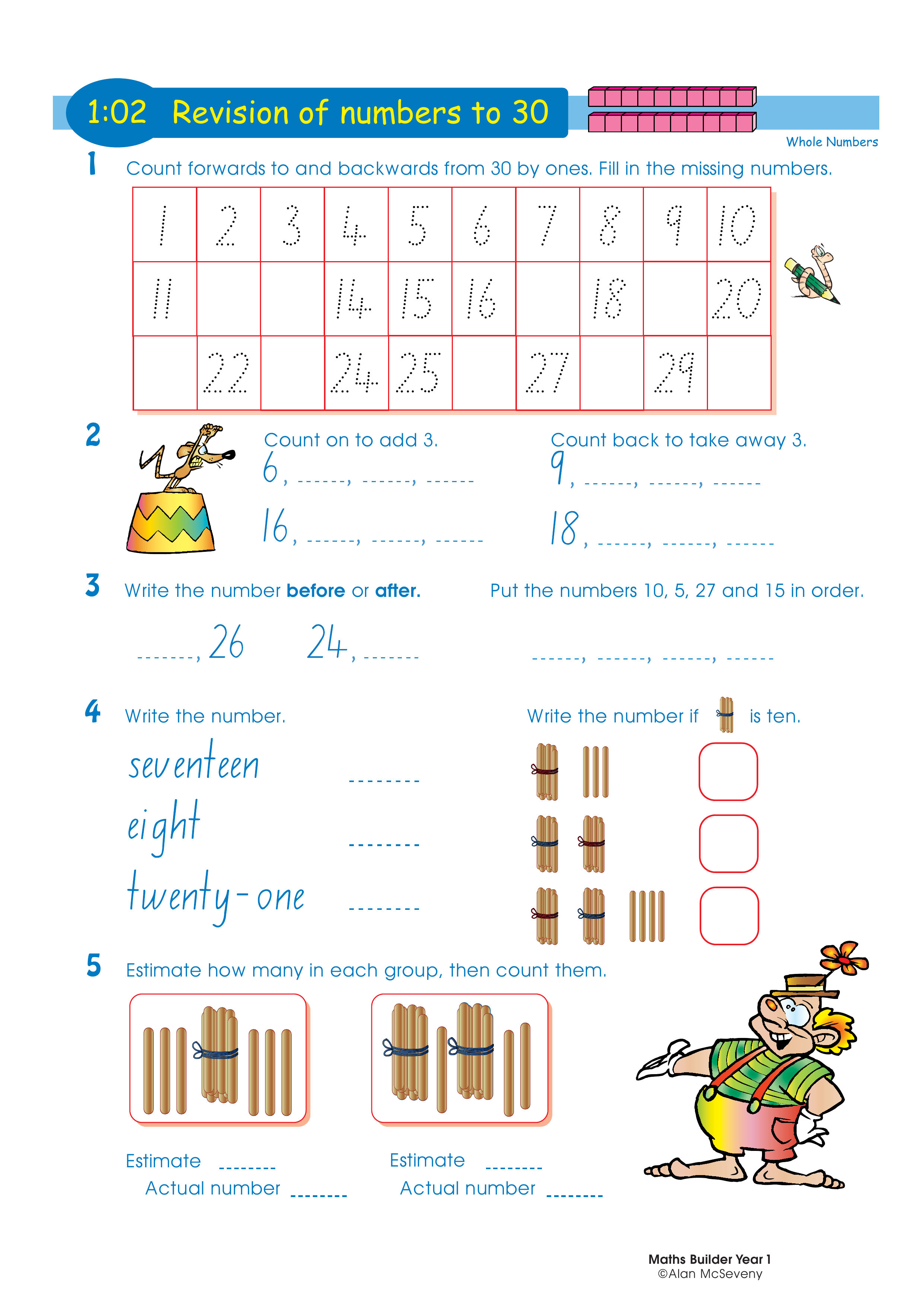 Revision of numbers to 30 — worksheet preview
