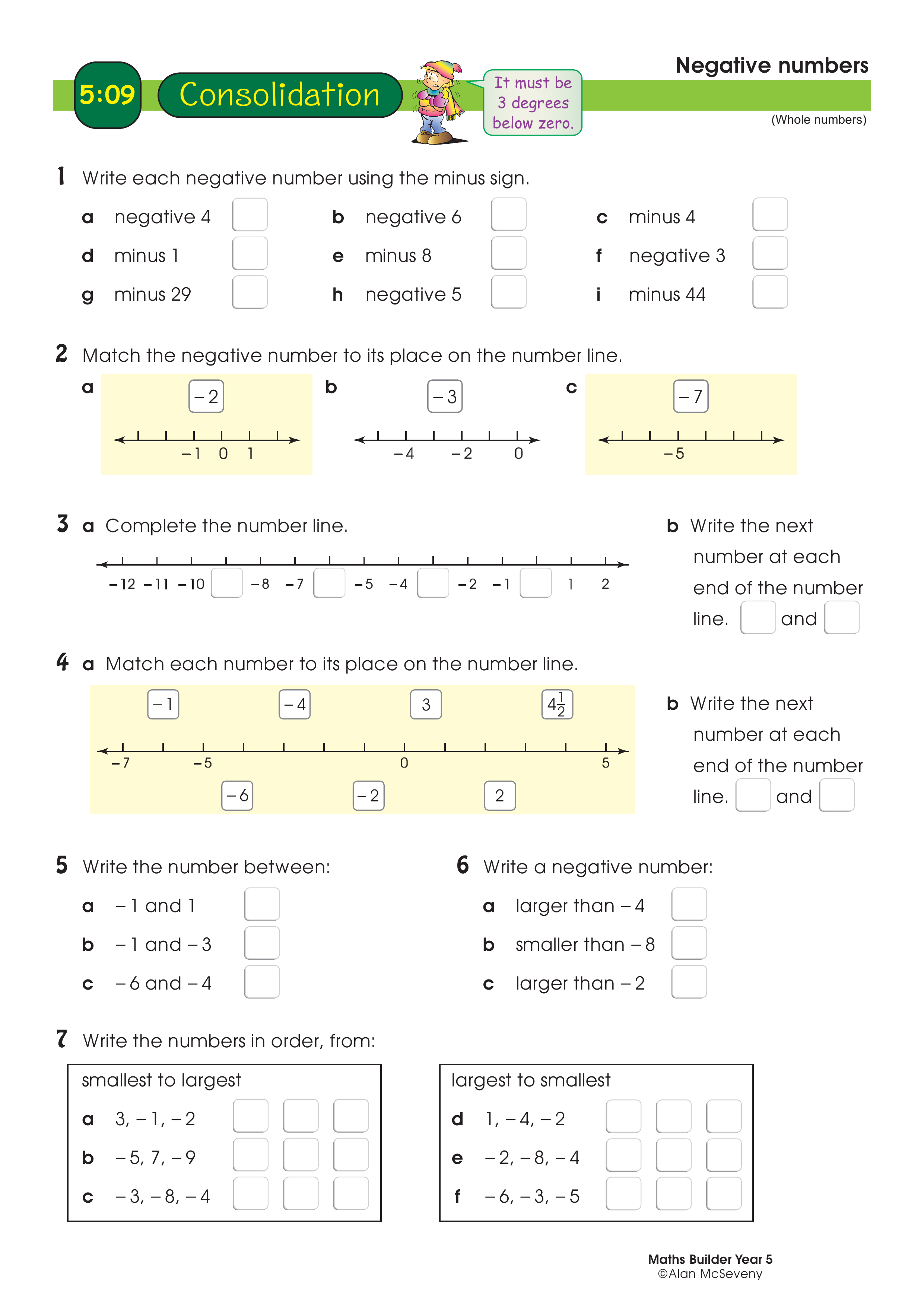 Negative numbers — worksheet preview