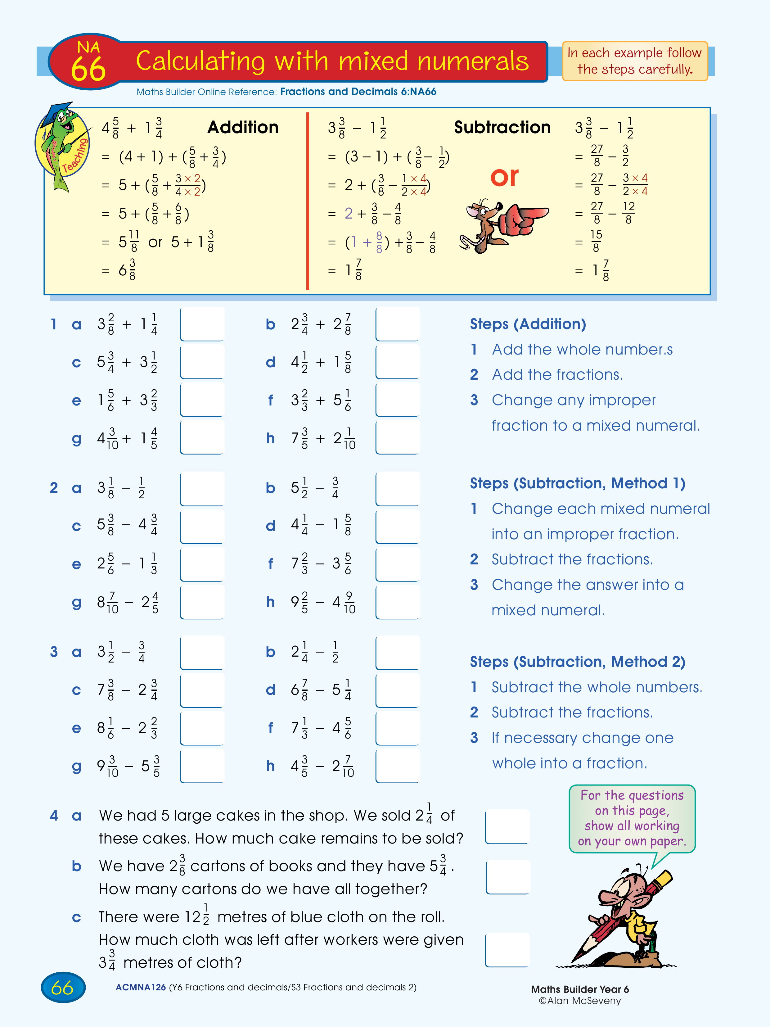 Calculating with mixed numerals — worksheet preview
